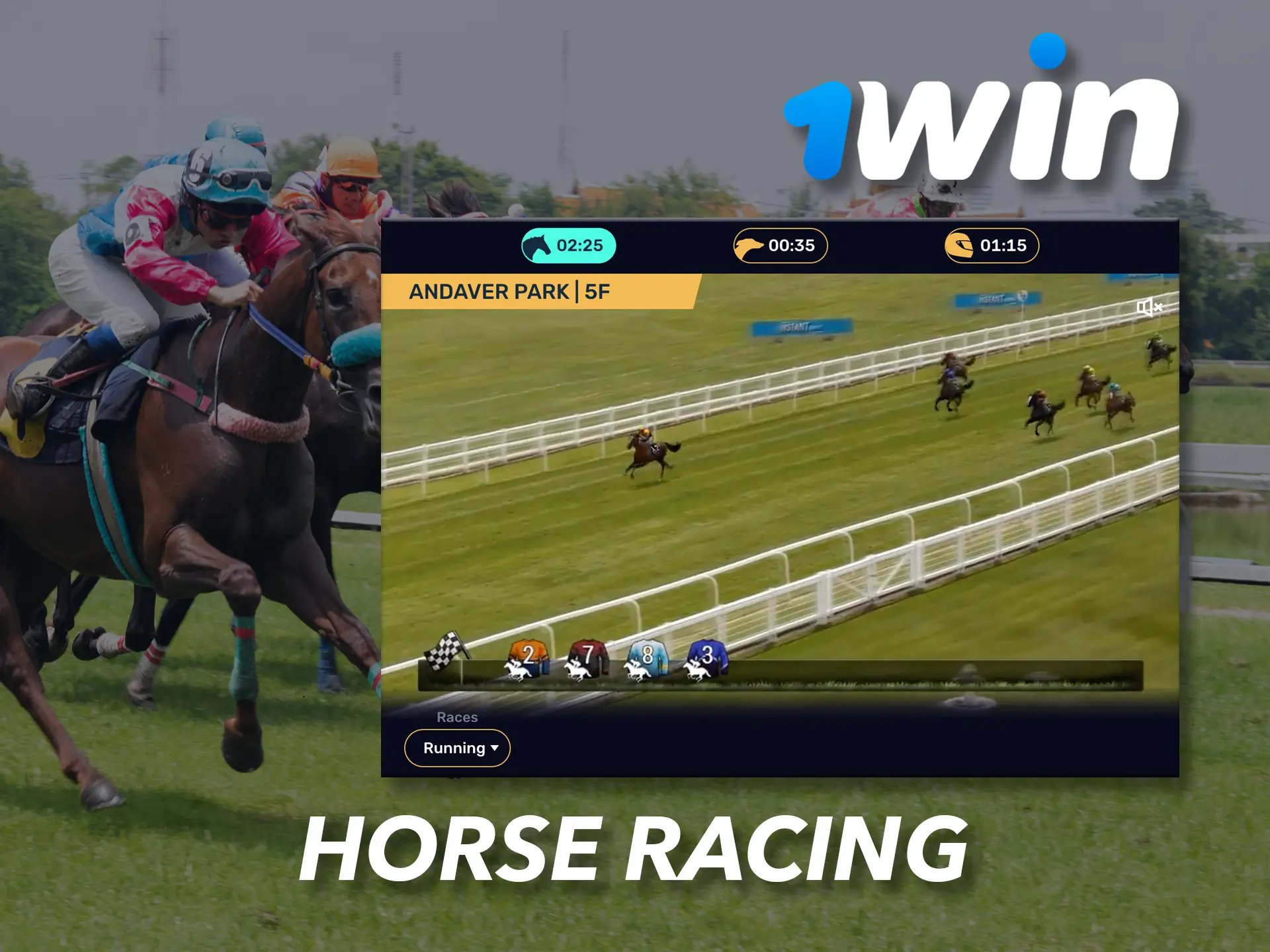 Pick your horse in virtual events from 1Win and win big.