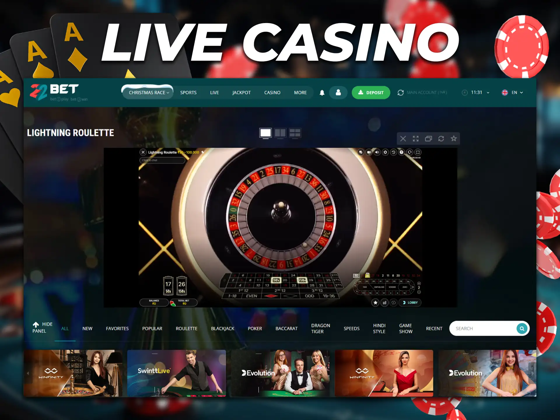 Live casino gives Indian players the opportunity to play with a live dealer.