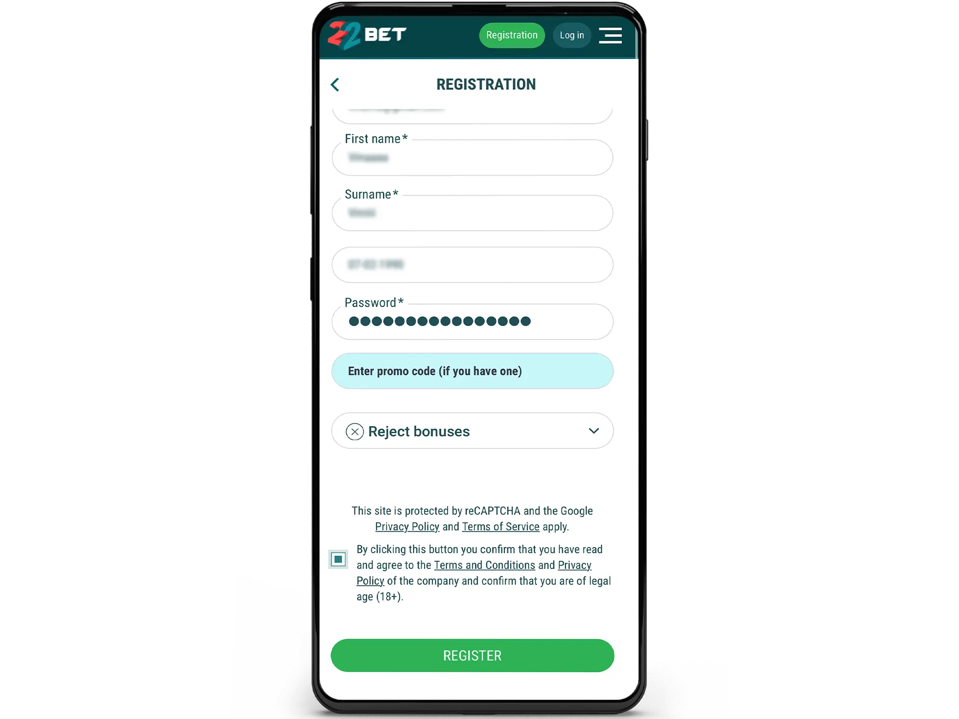 Complete the 22Bet registration process.