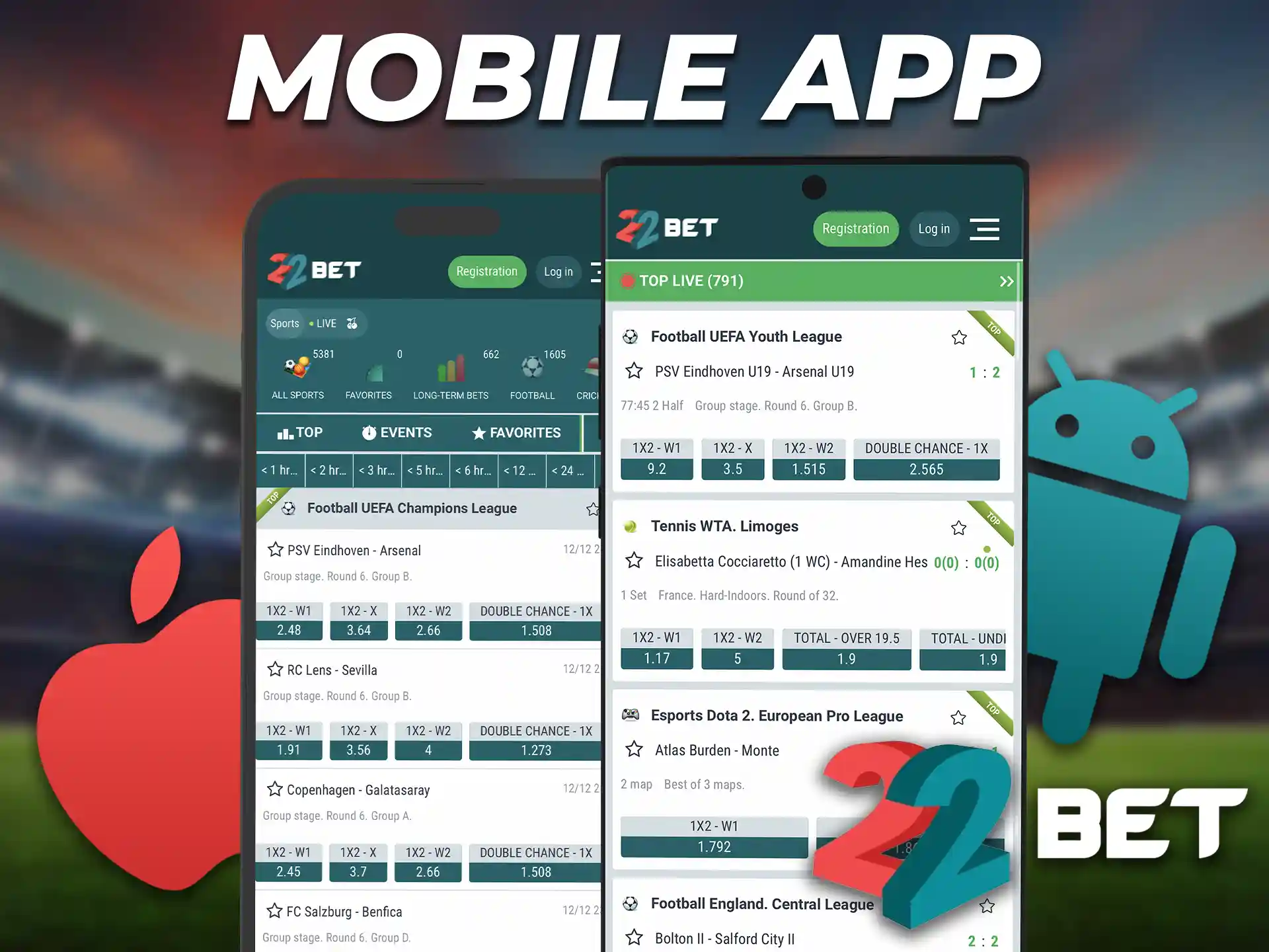 The 22Bet app has the functionality of the official website and works on any mobile devices.