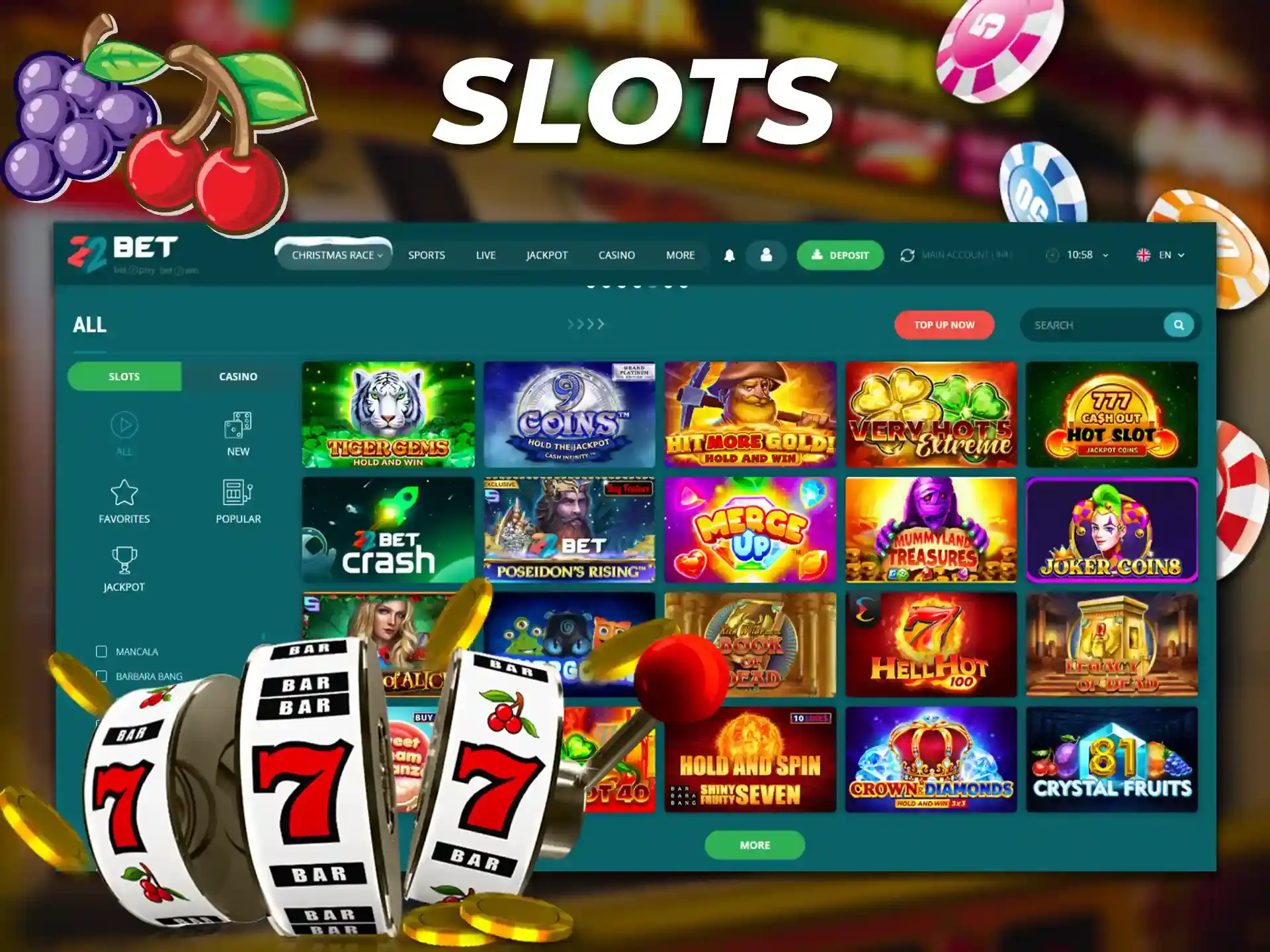 A large number of slot machines at 22Bet on the 22Bet website.