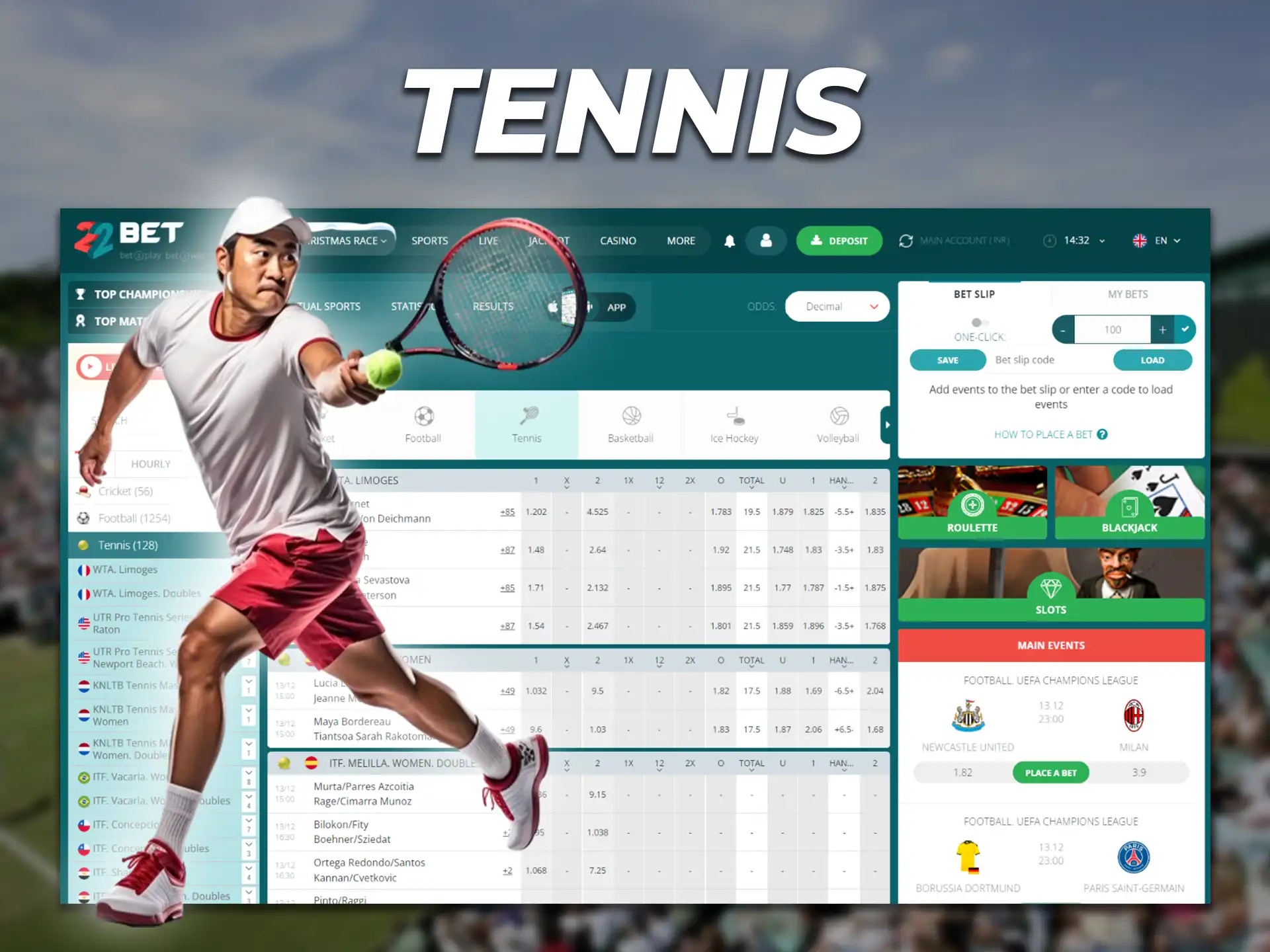 Information about upcoming events and tennis odds on the 22Bet website.