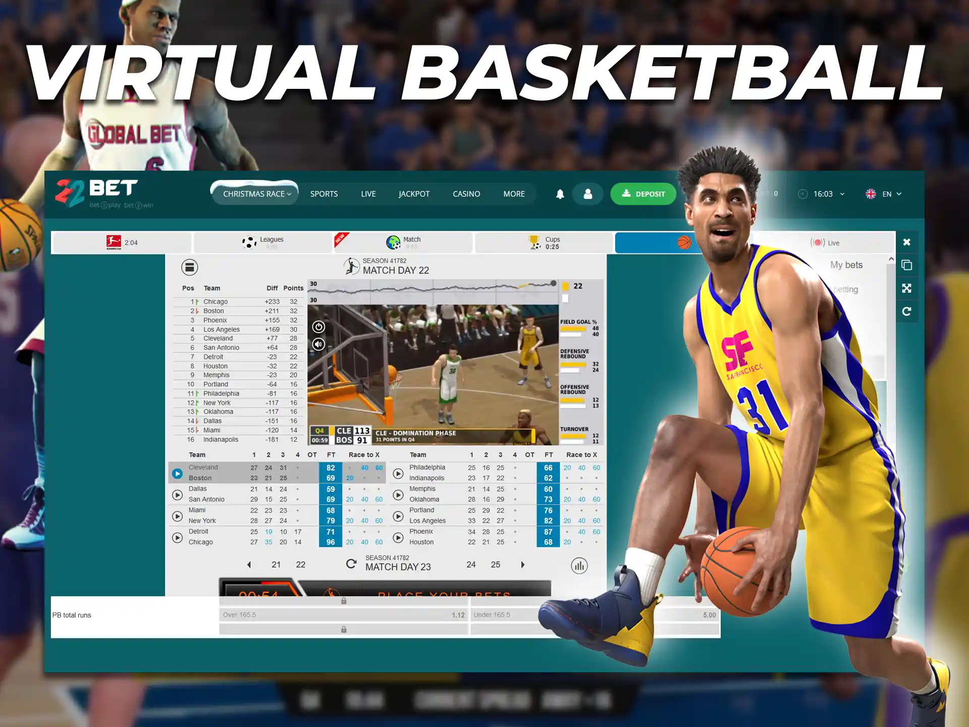 Simulated basketball matches are popular among 22Bet players.