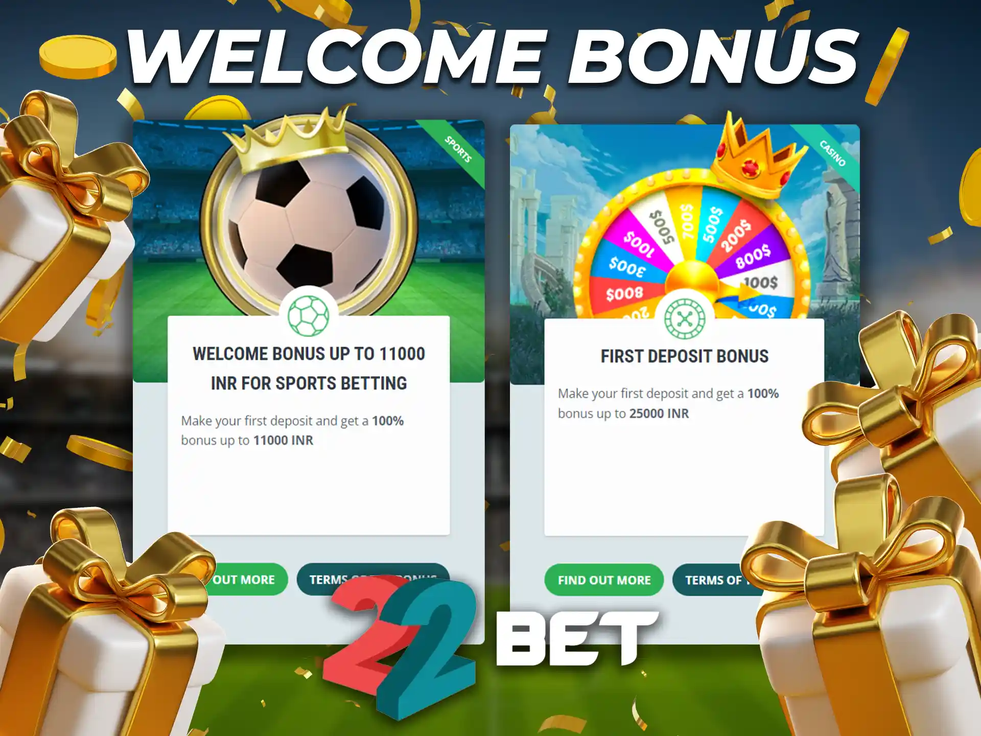 The welcome bonus is available after registering on the 22Bet website.
