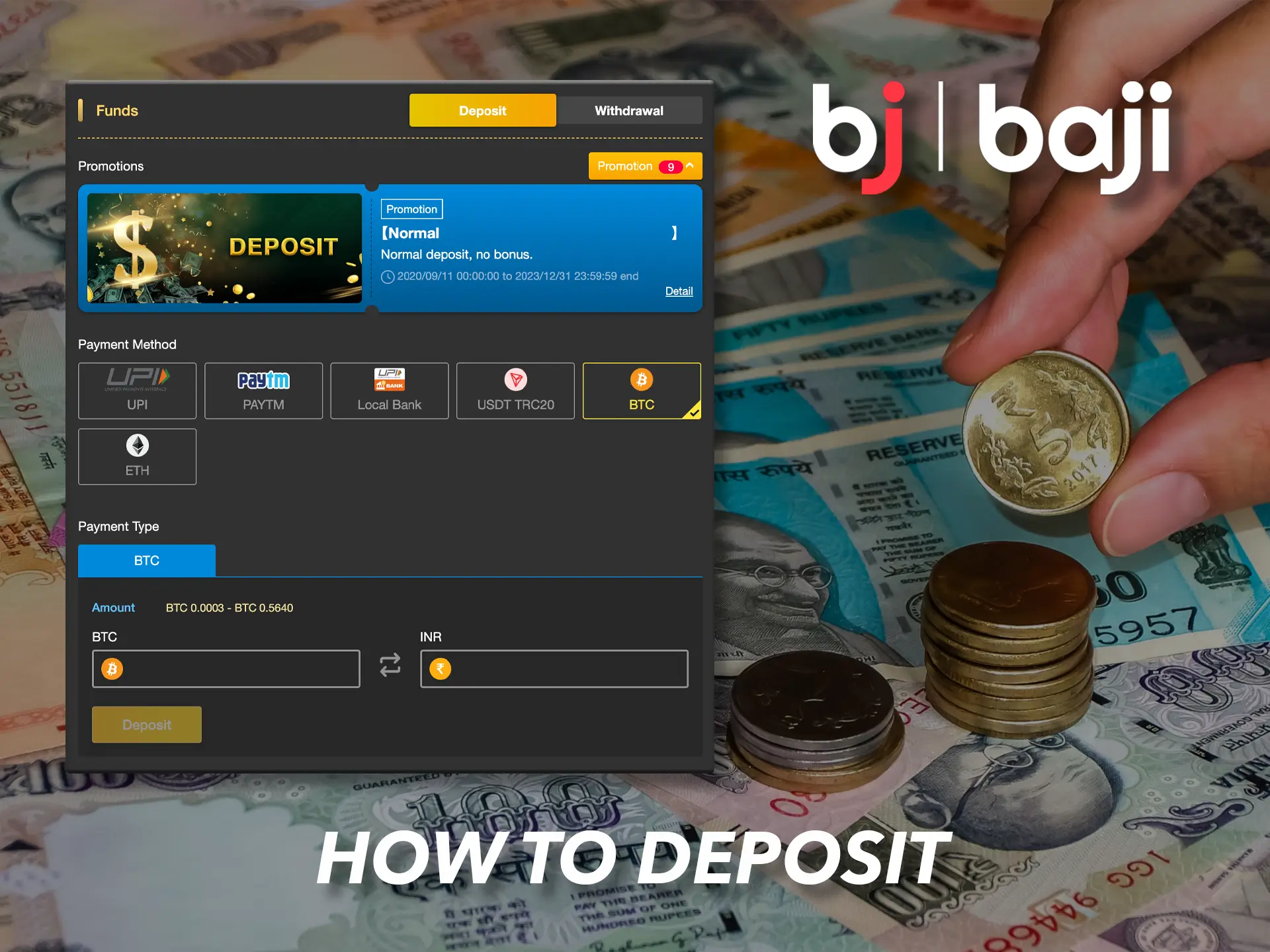 Make a deposit to bet and play casino games from Baji.