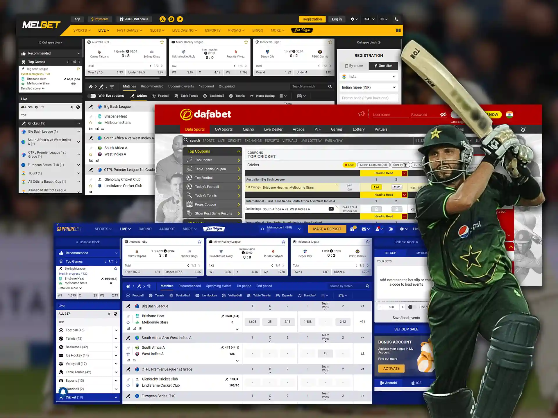 Popular cricket tournaments and events on Melbet, Dafabet and Sapphirebet.