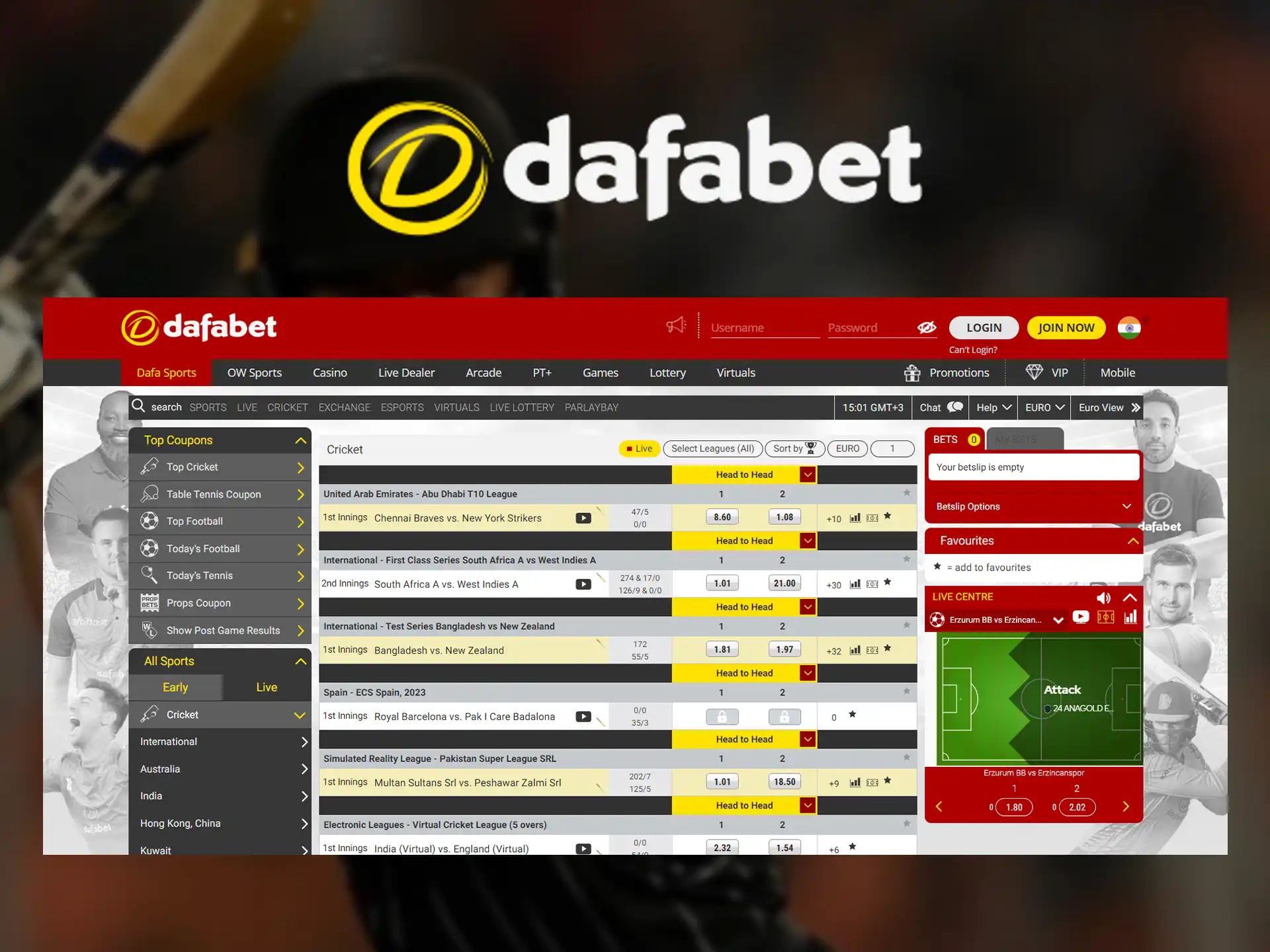 Cricket betting on one of the most famous cricket betting sites Dafabet.
