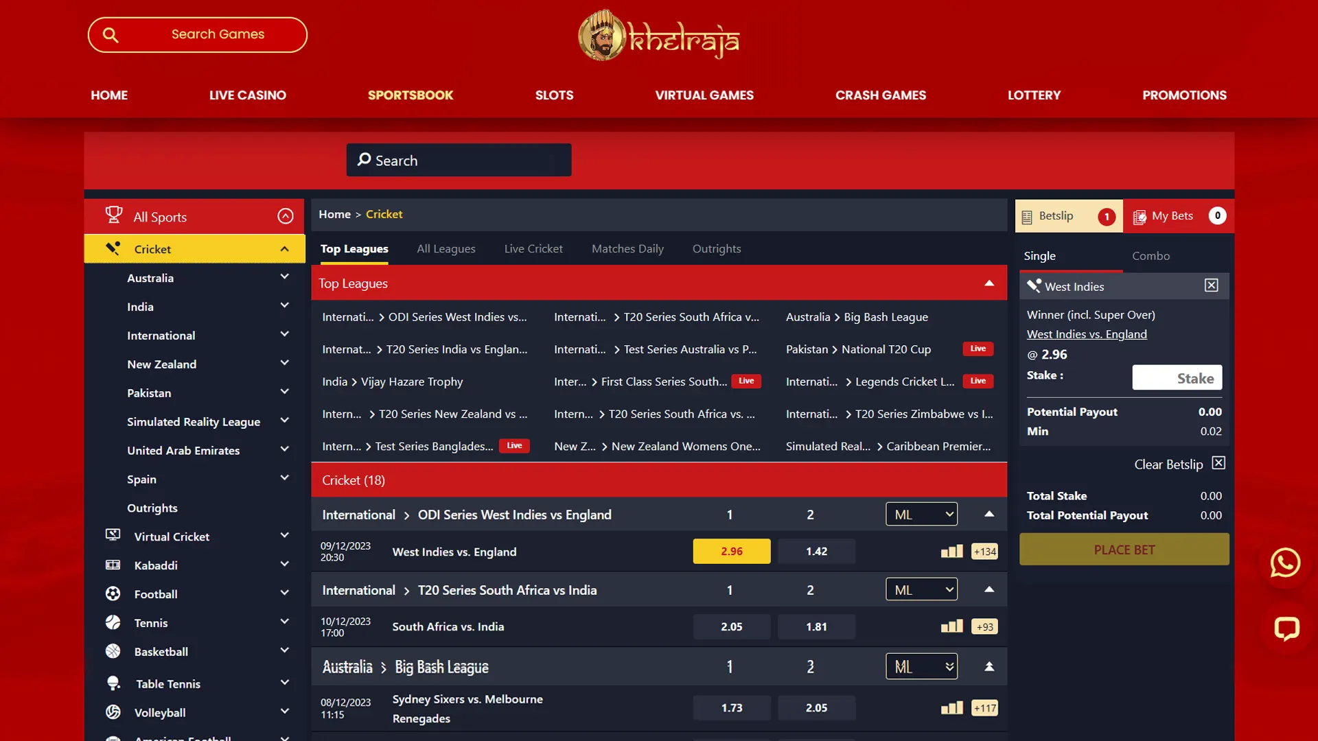 Select a sporting event and place a bet.
