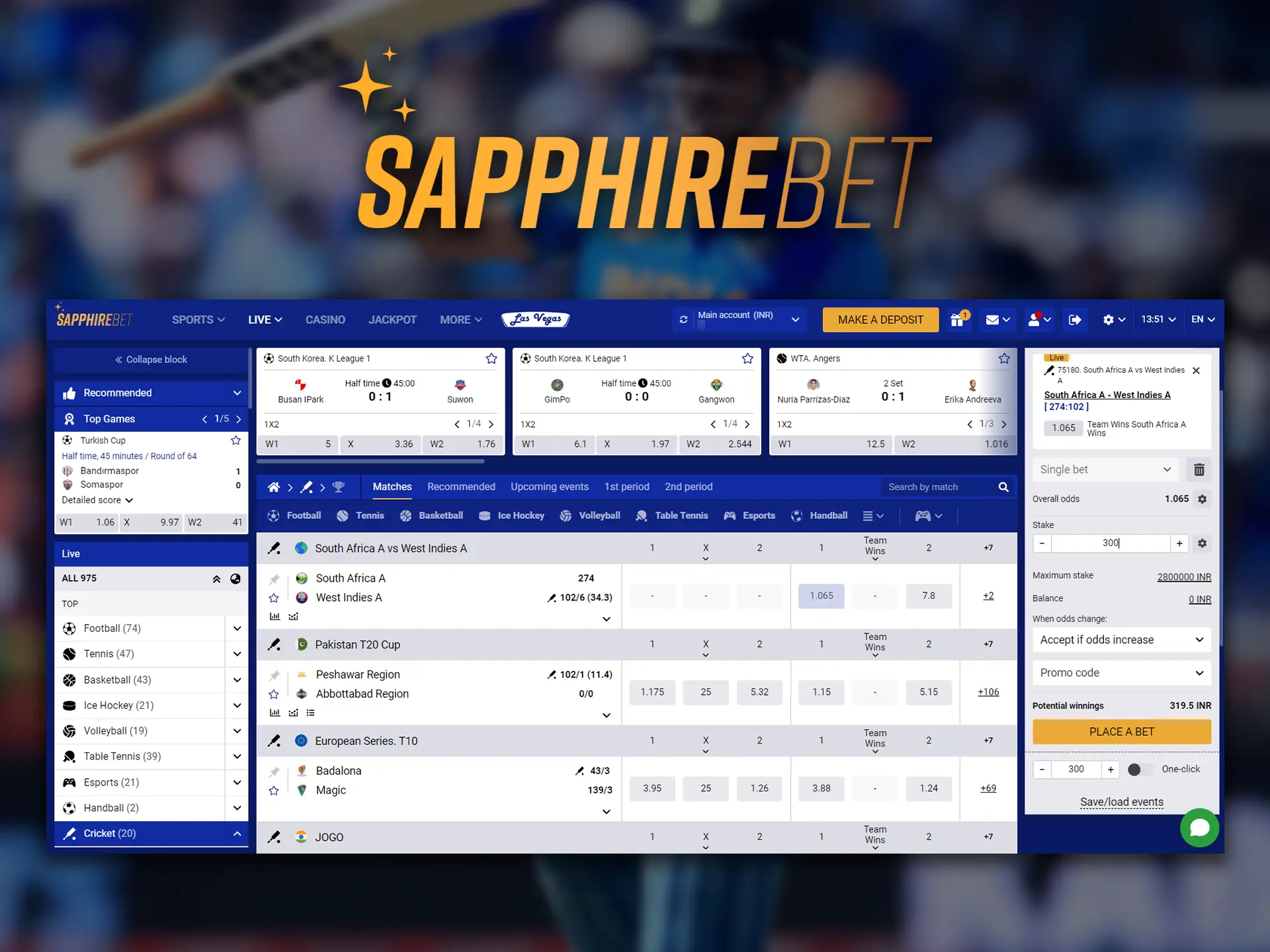 Sapphirebet offers legal cricket betting from their website or mobile app.