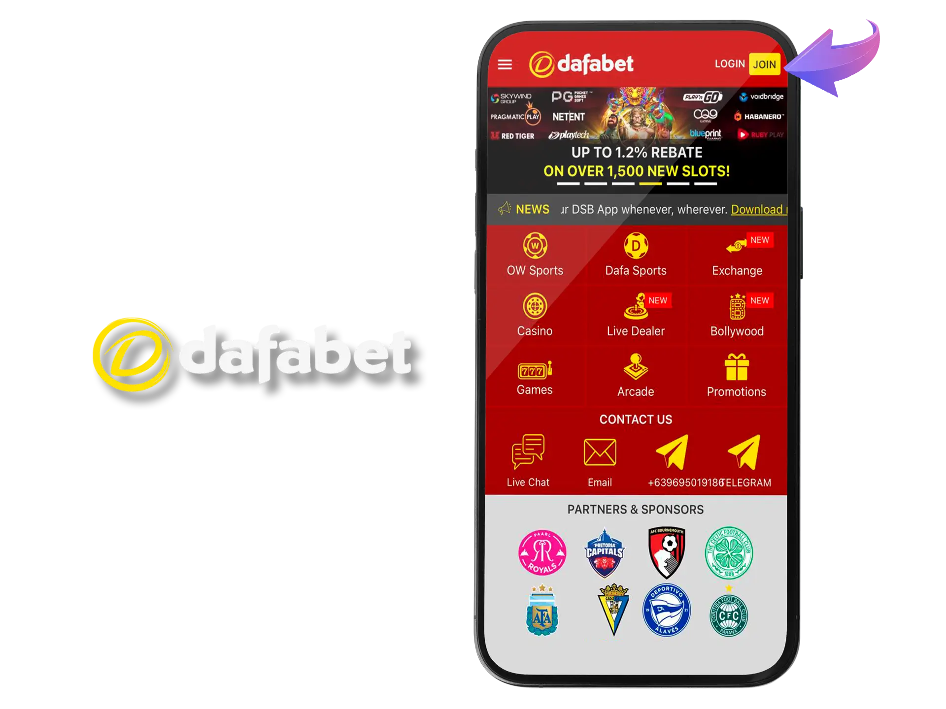 Find the registration button on the Dafabet website.