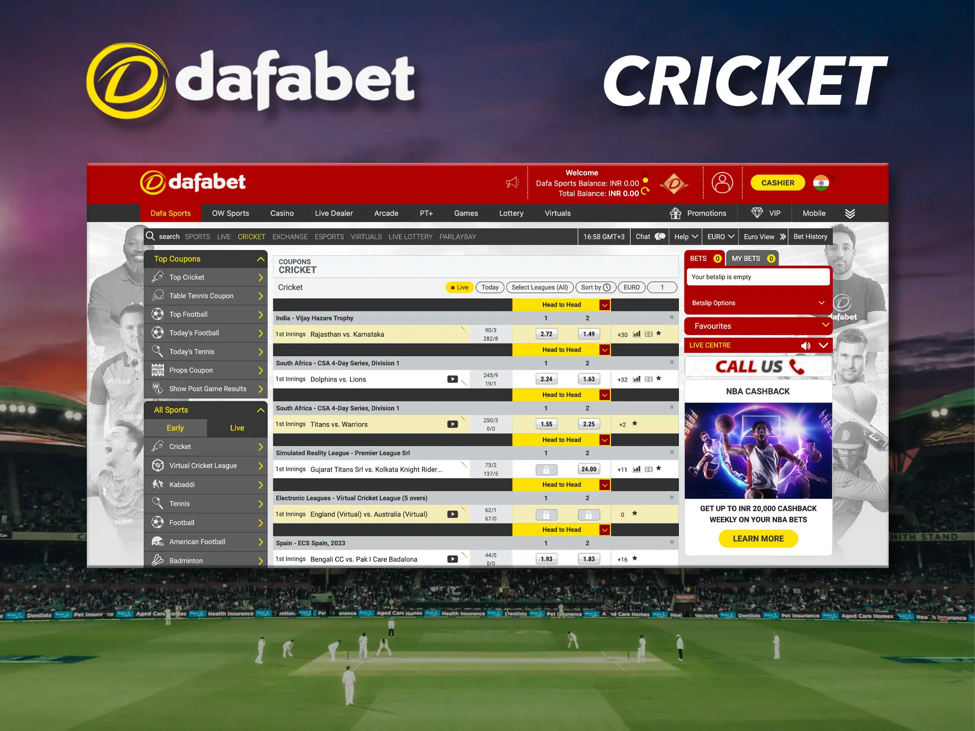 Use your predictions when betting on cricket at Dafabet.