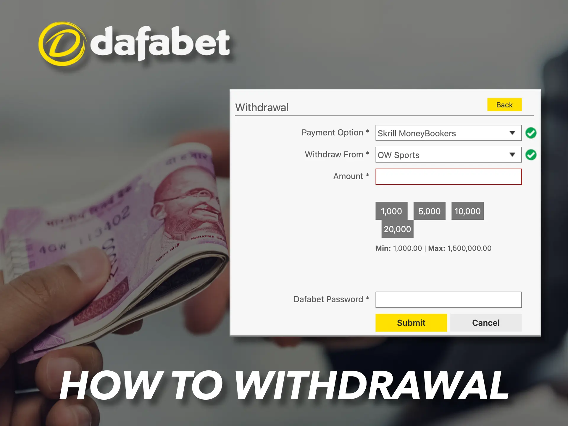 You can withdraw your winnings at Dafabet in any currency you like.