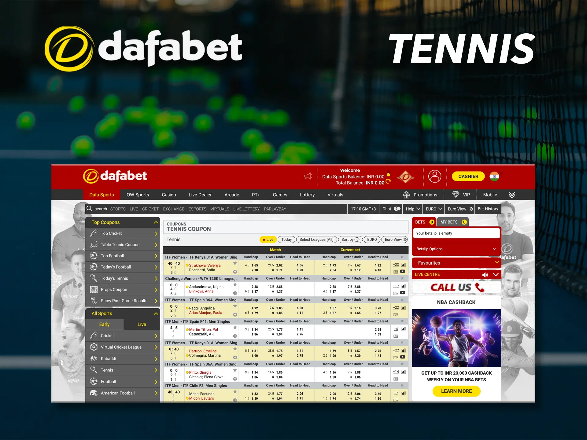 Dafabet offers its users bets on major tennis events.