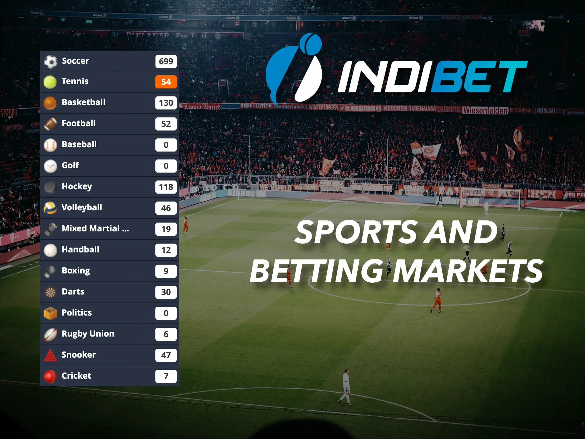 Make your choice from the featured sports disciplines to bet on at Indibet.