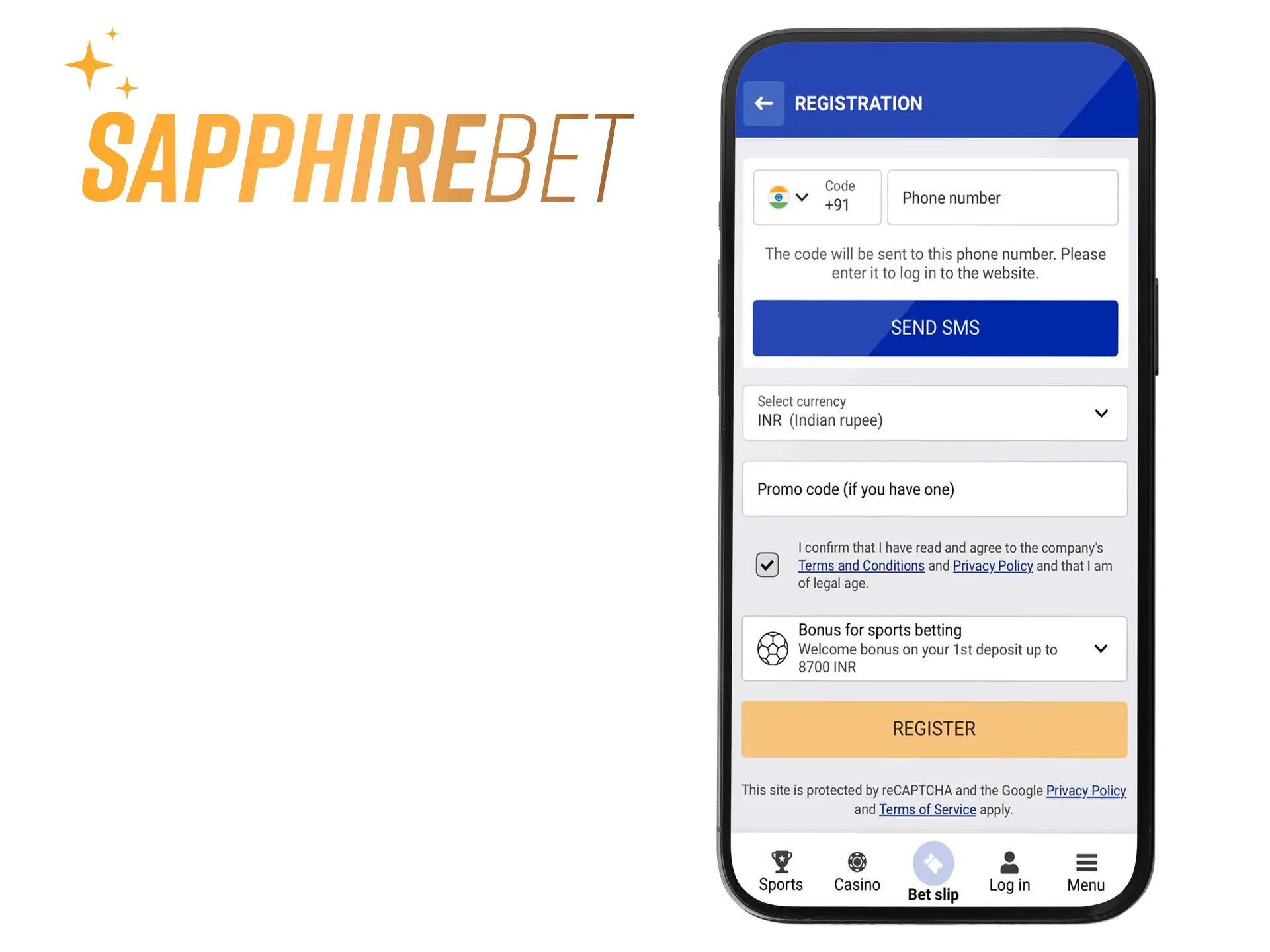 Carefully enter your details into the Sapphirebet Casino registration form.