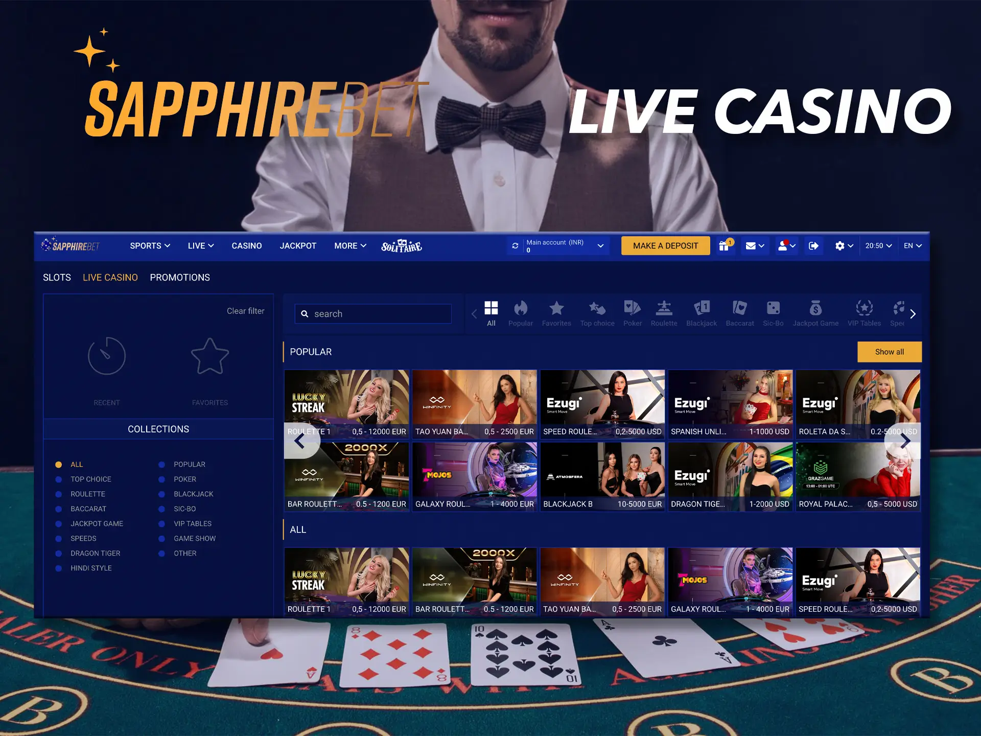 Participate in games with real dealers at Sapphirebet Casino.