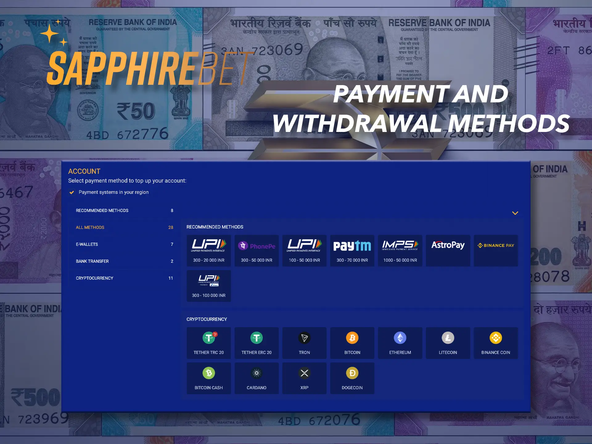 Decide on the deposit method you need and convenient for you at Sapphirebet Casino.