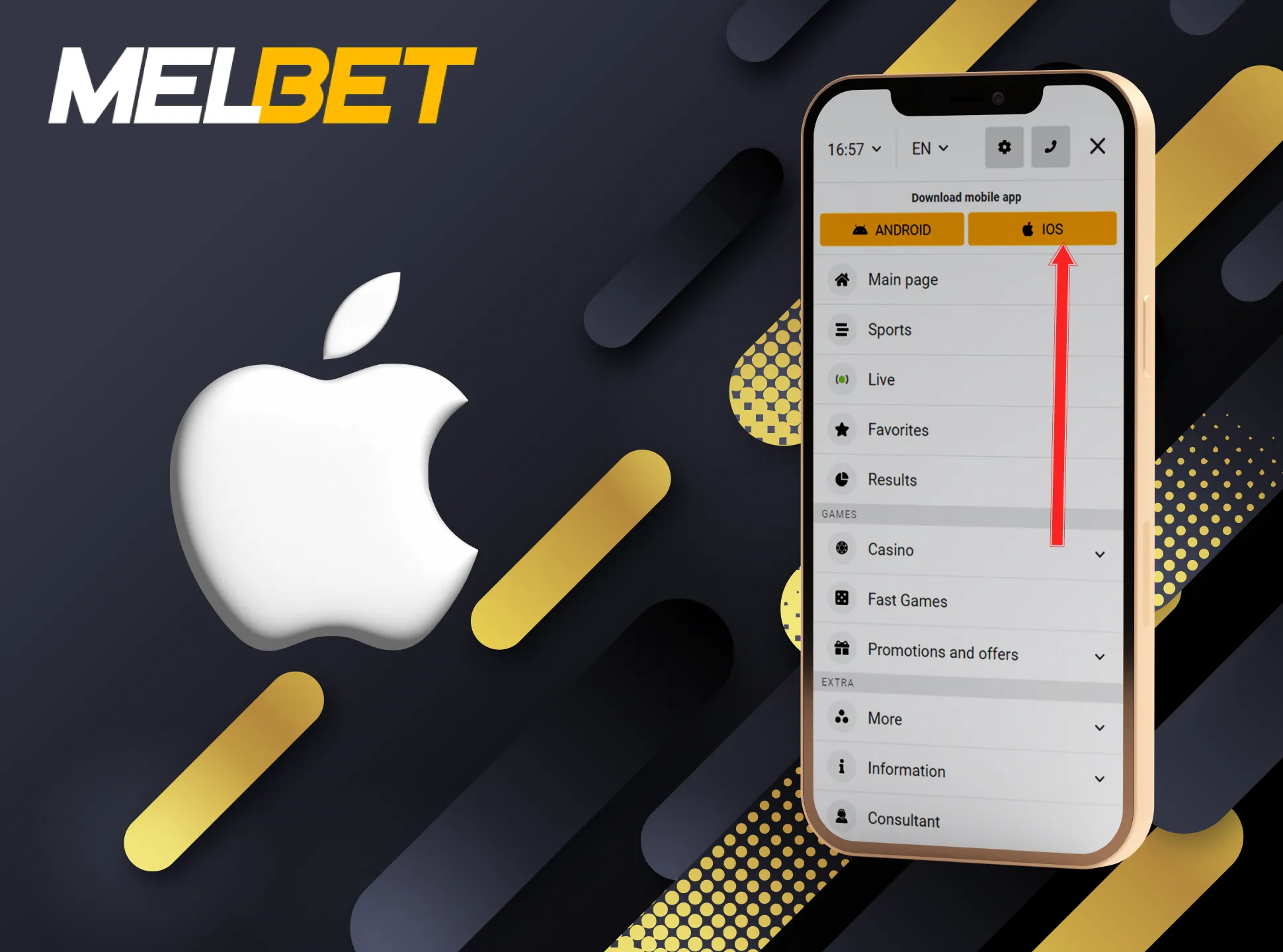 Choose the iOS app on the Melbet site.