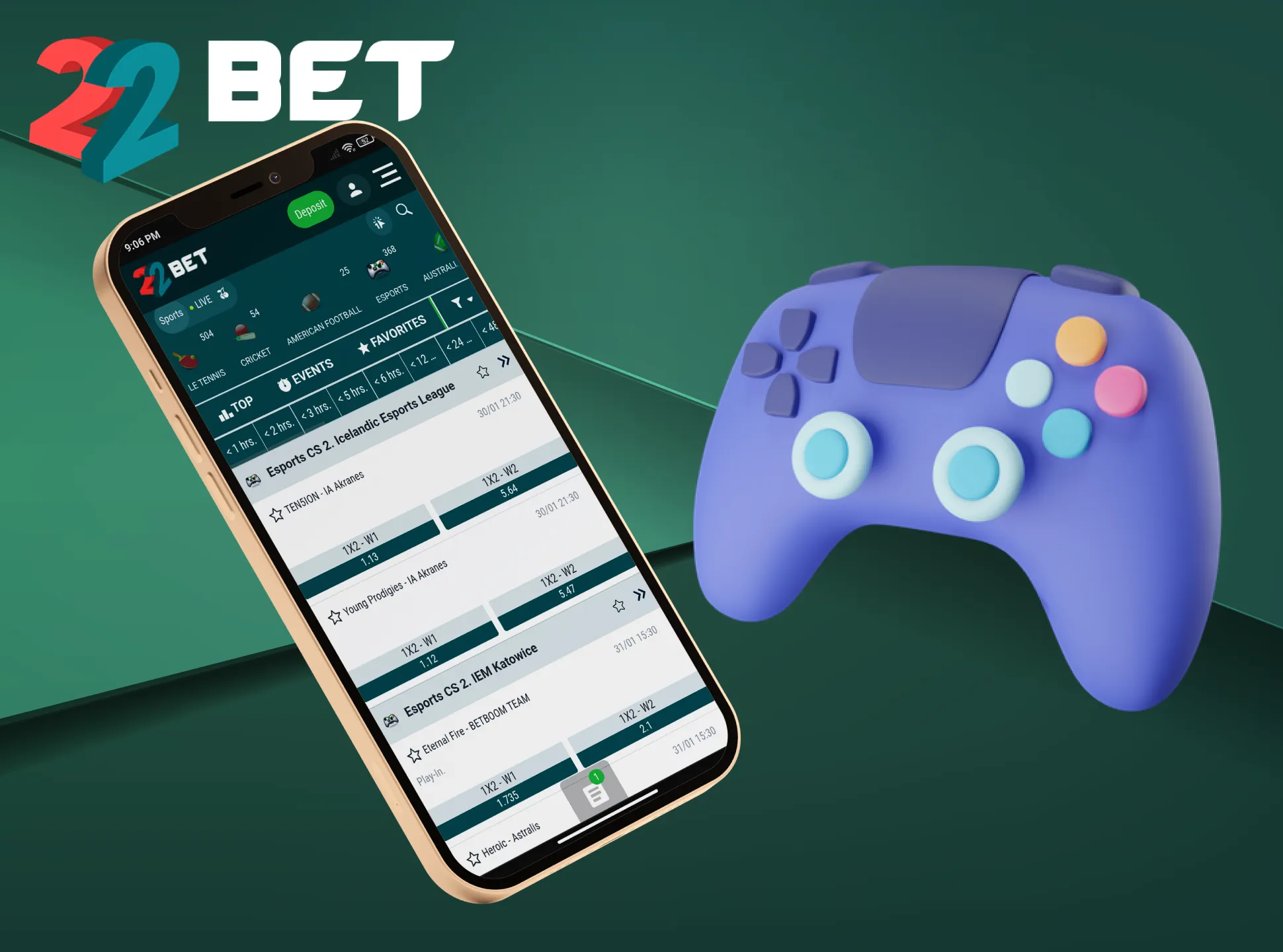 ESports betting is available on the 22Bet app.
