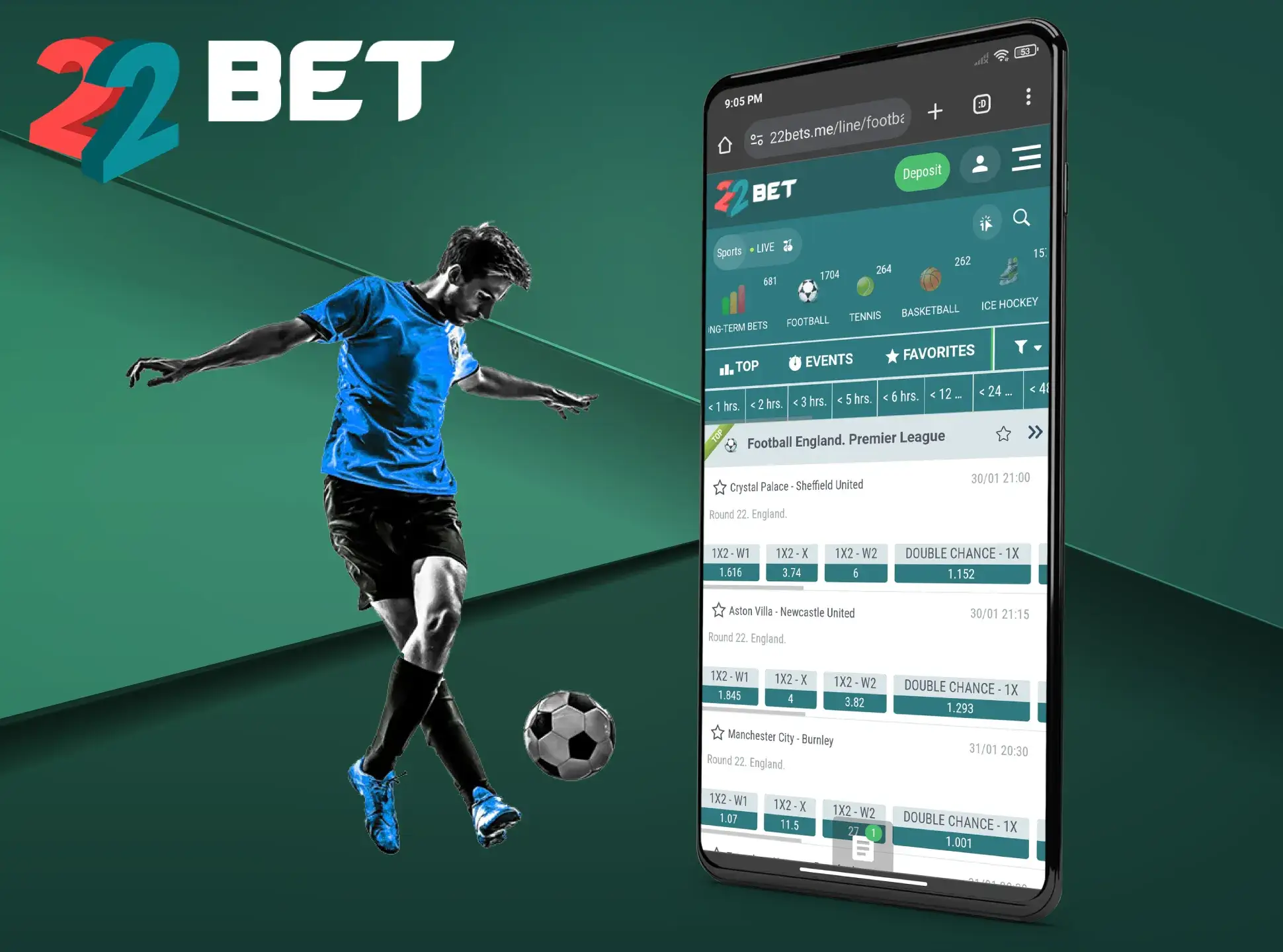 Bet on football matches in the 22Bet app for real money.