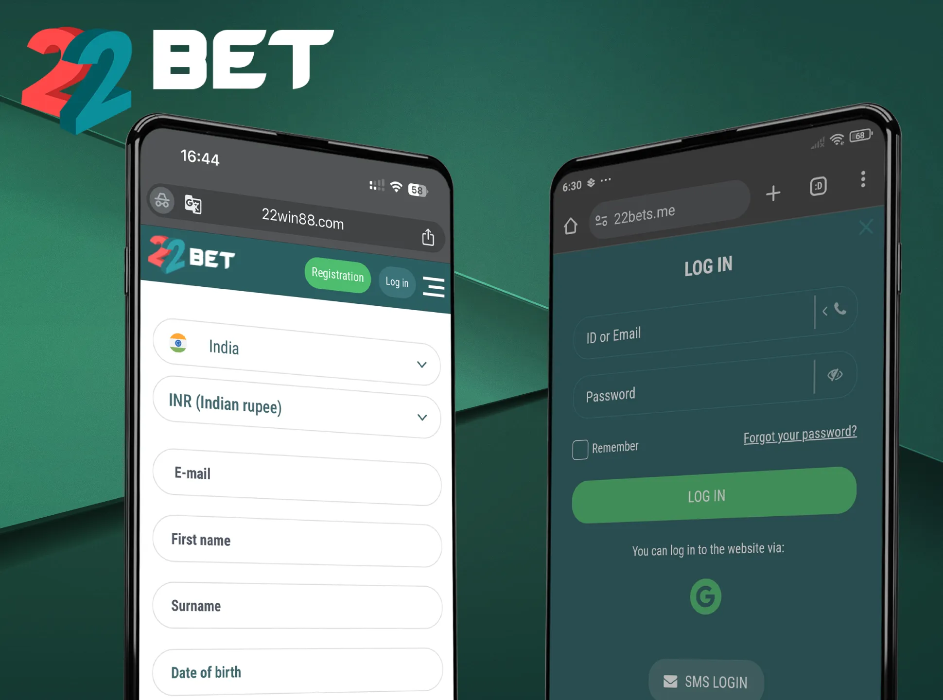 Log in to your account or register on the 22Bet app.