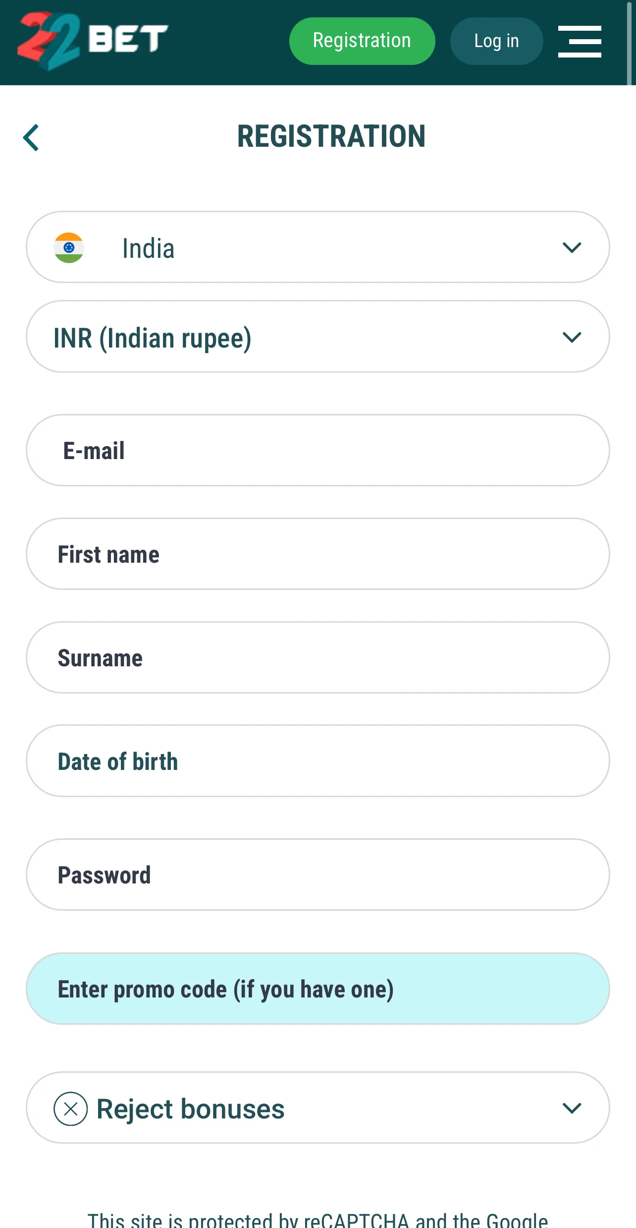 Registration form of the 22Bet app to create an account.