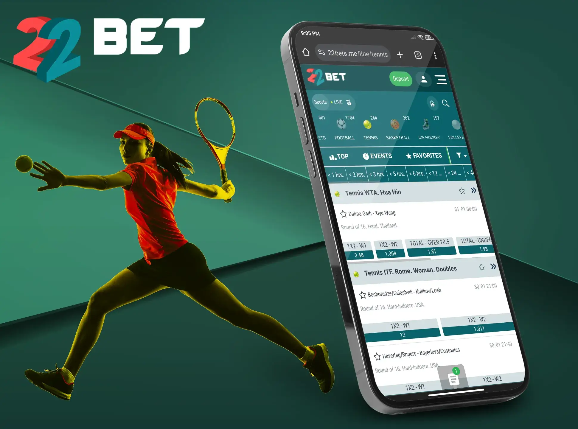 Tennis match betting for Indian users on the 22Bet app.