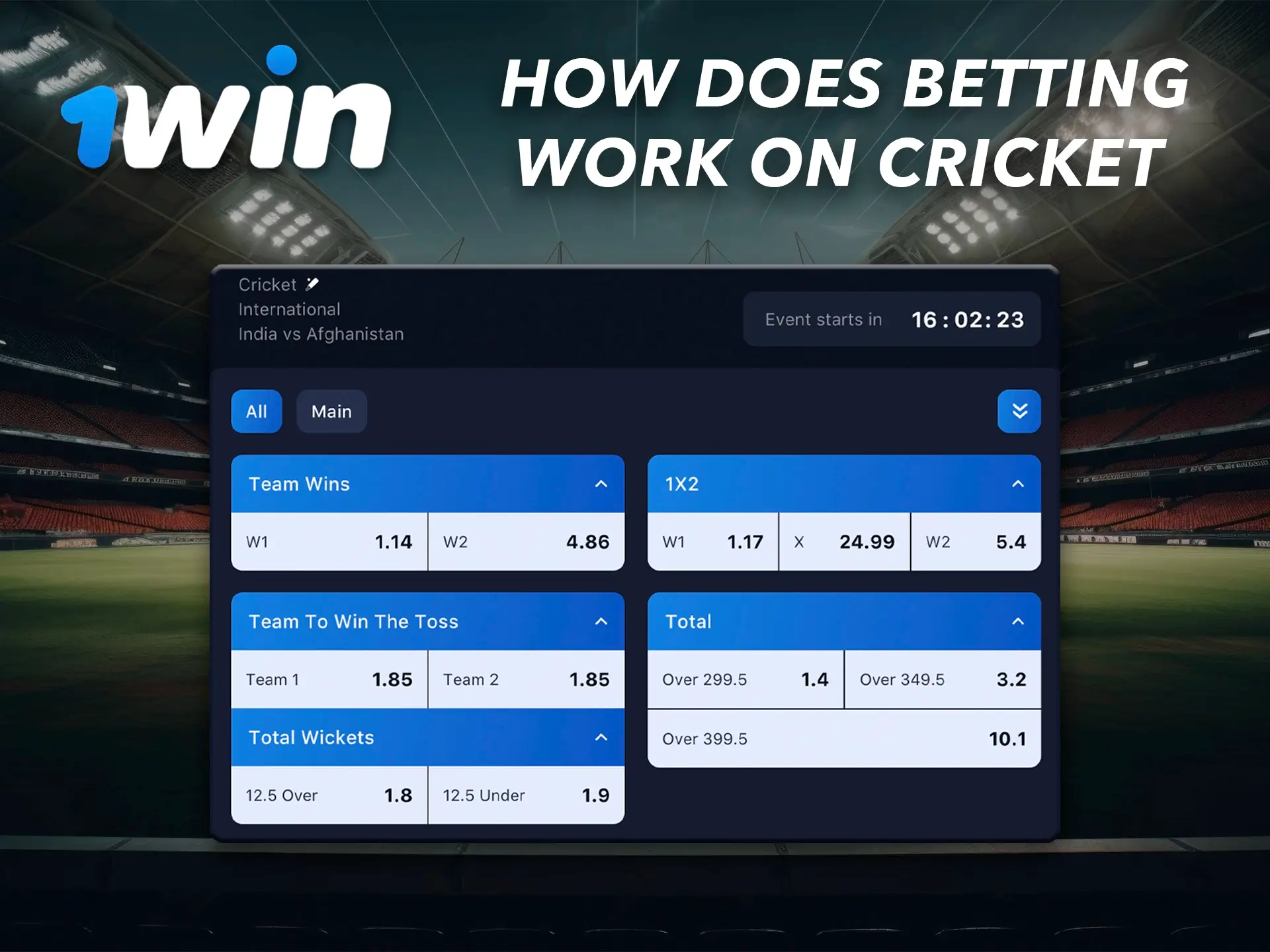 1Win has a simple interface where even beginners can bet on cricket.