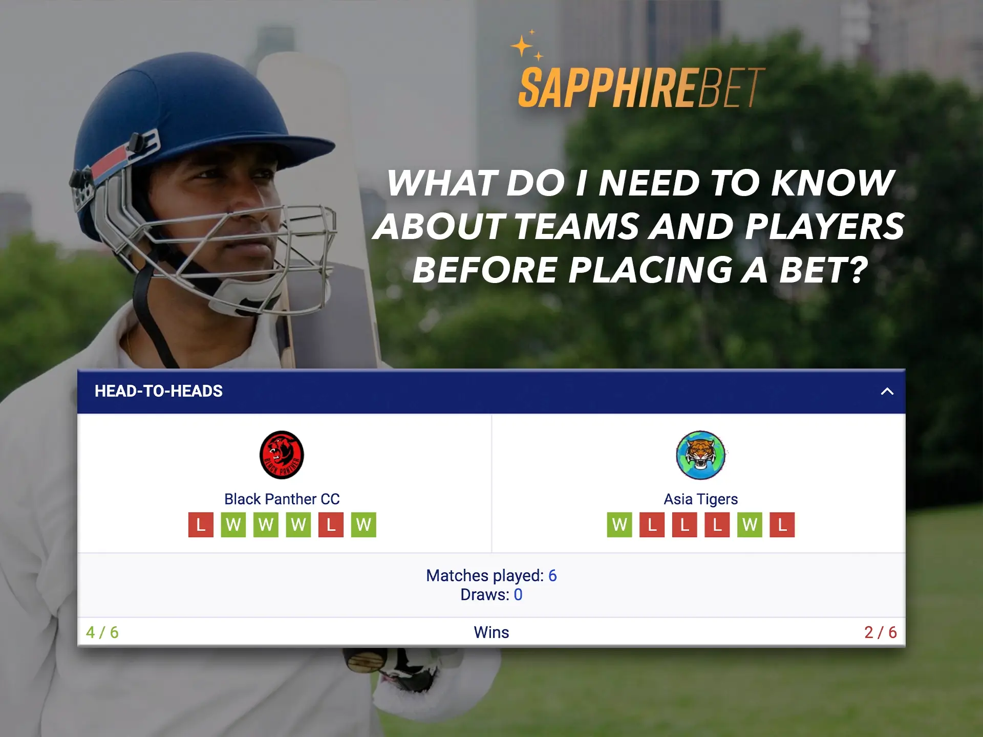 Sapphirebet lets you know all the statistics of past meetings between cricket teams.