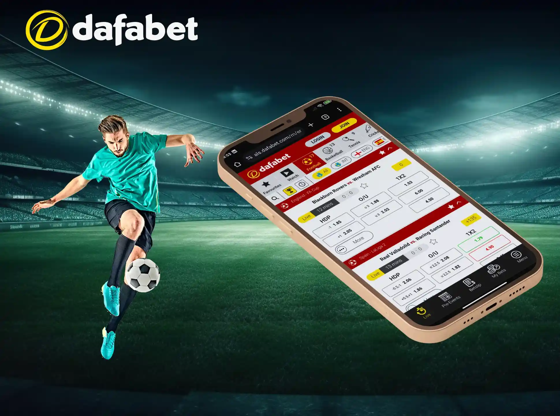 The Dafabet betting app offers betting on football.