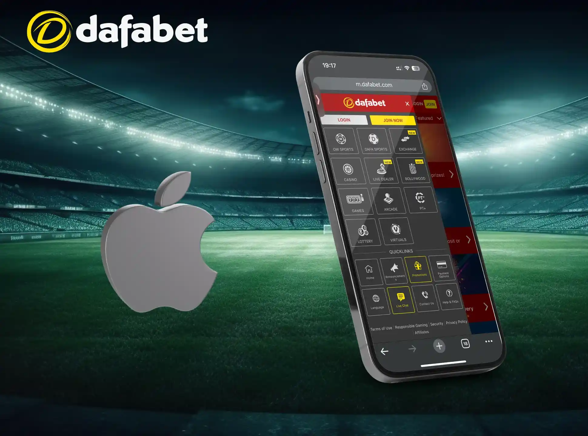 On the website, select Download Dafabet for iOS.