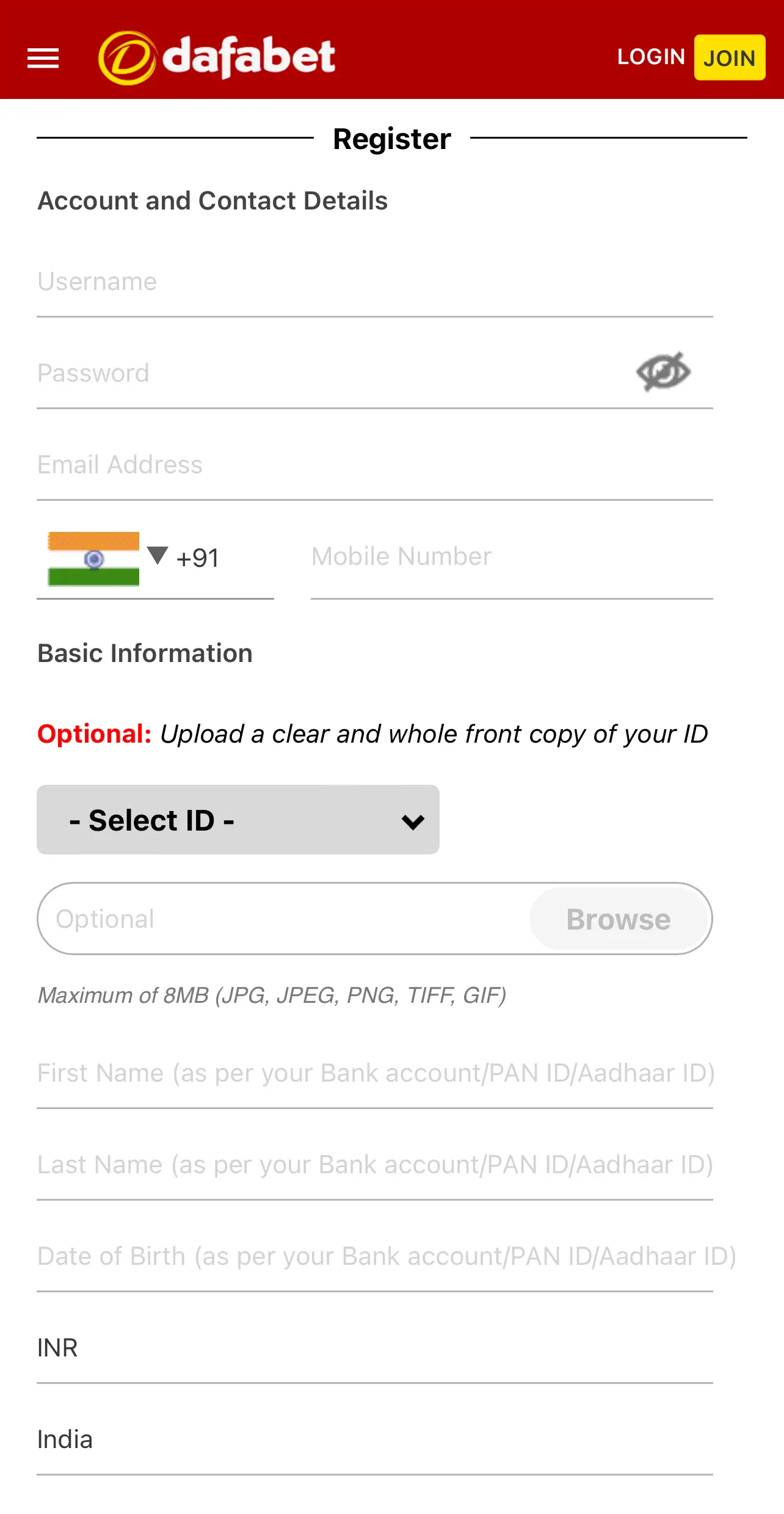 Registration form in the Dafabet app.