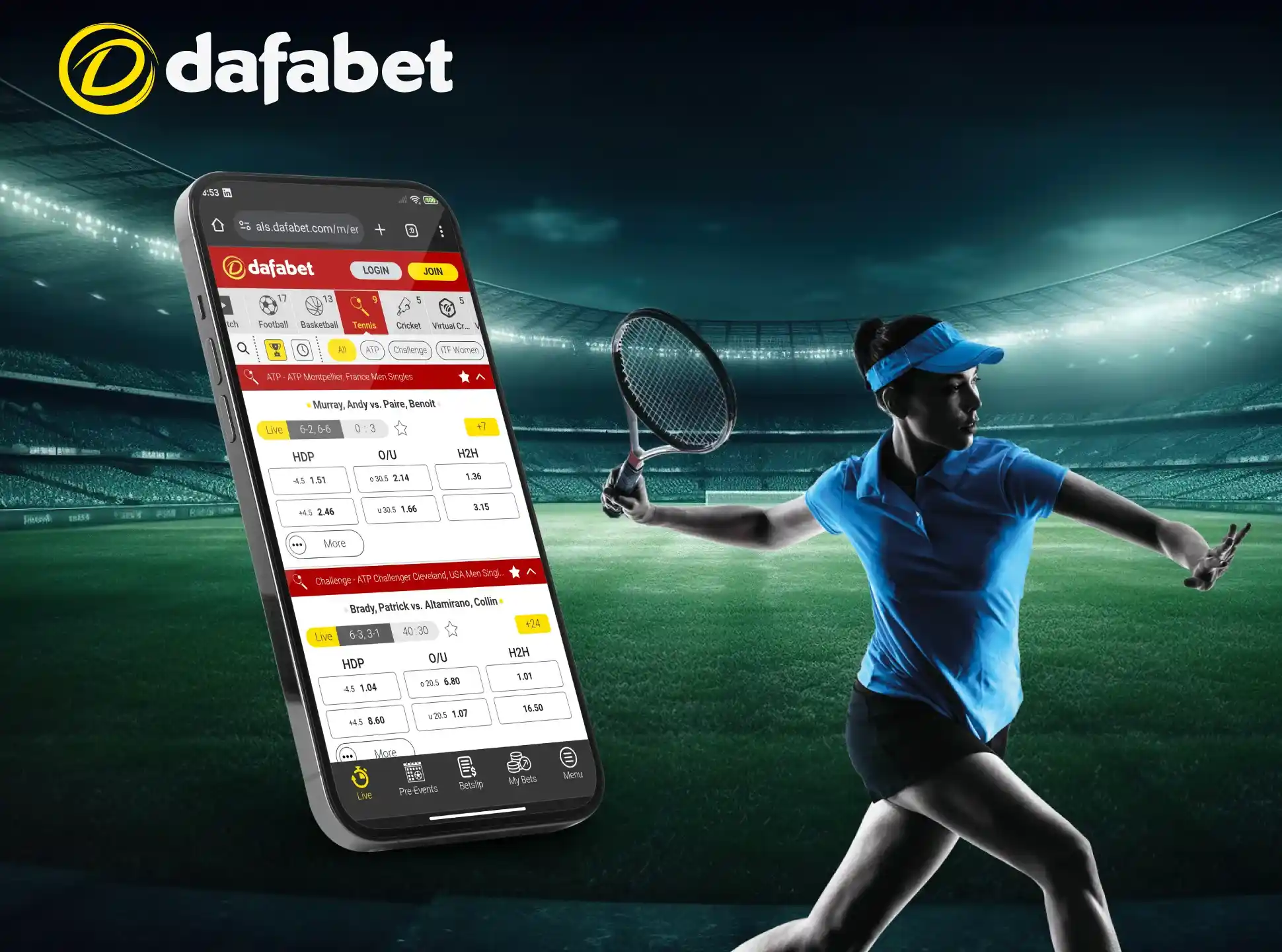 Tennis league betting is available on the Dafabet app.