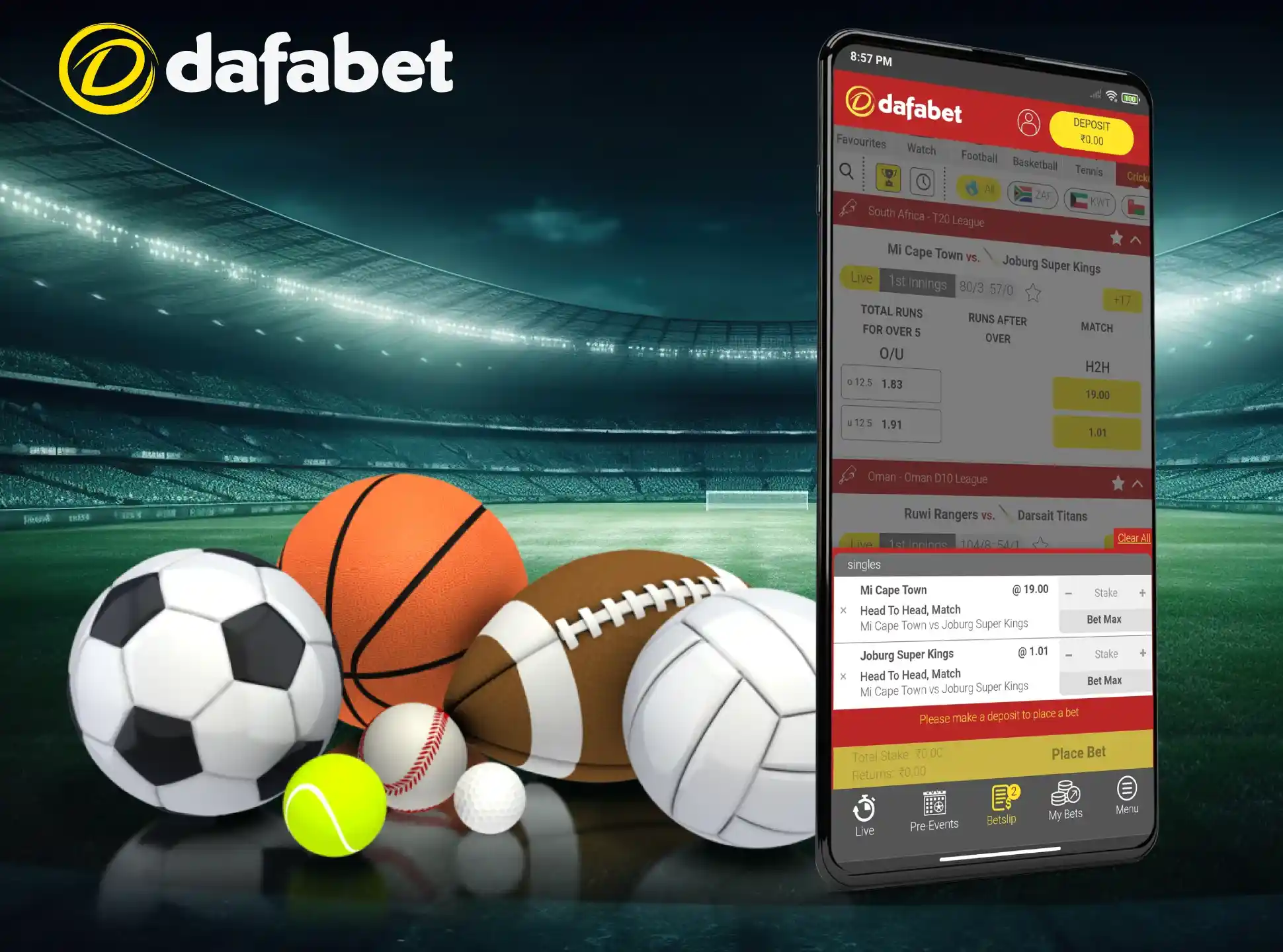 The Dafabet app has three types of bets.