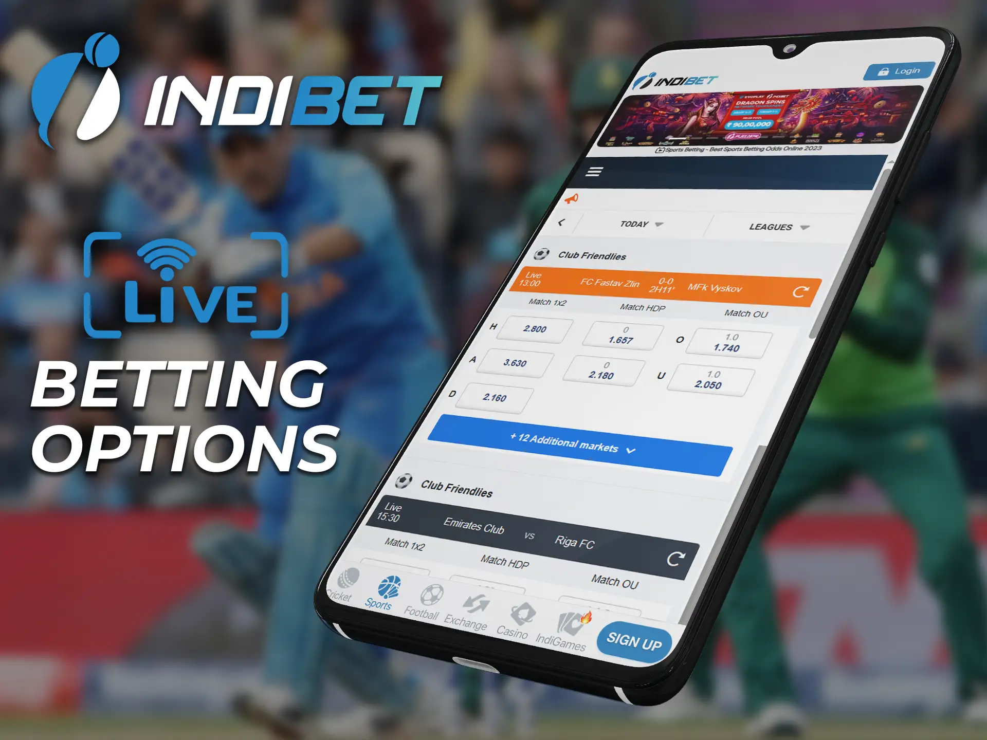 The Indibet app has several sports betting options.