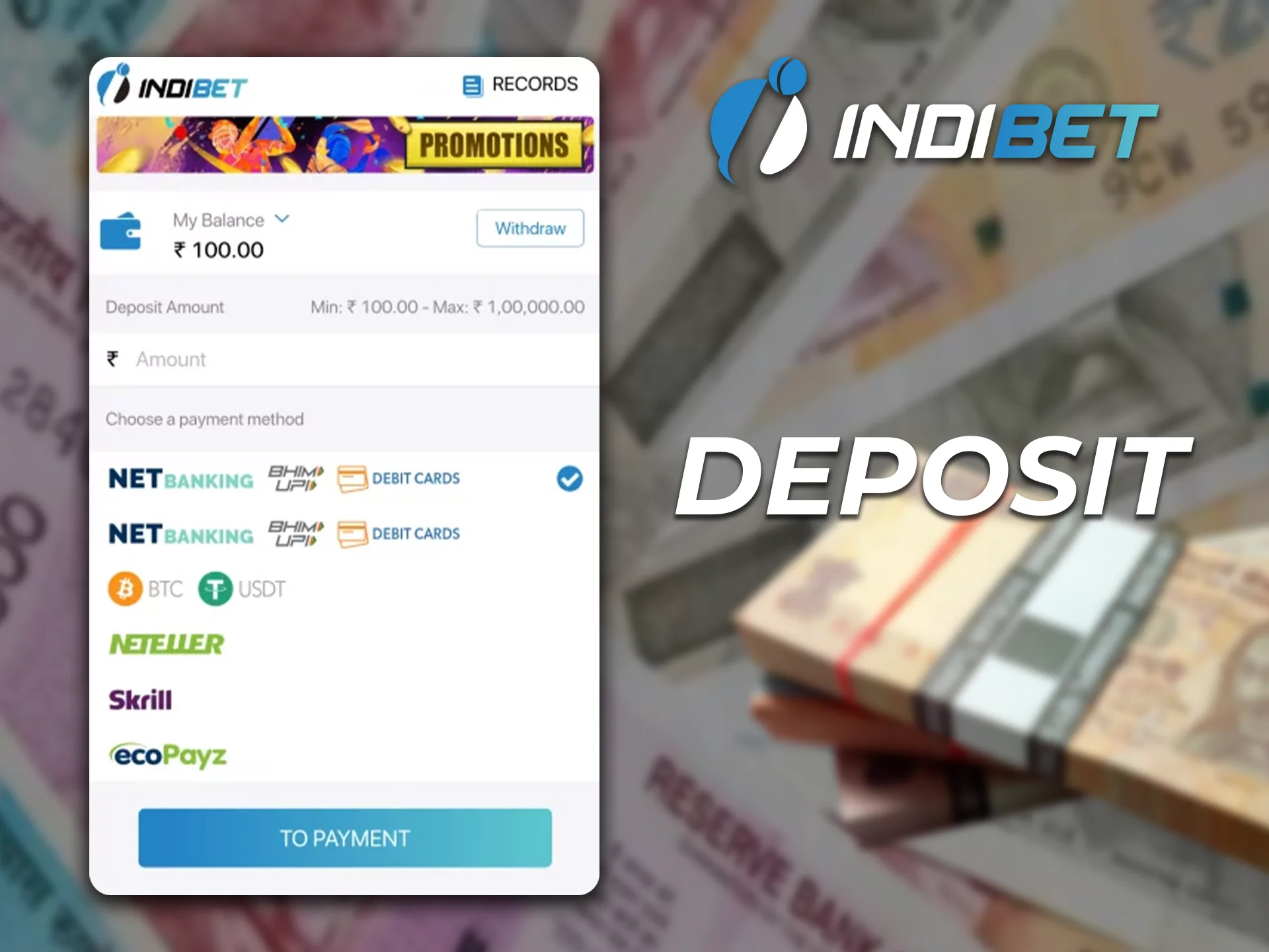To make a deposit select one of the deposit methods and enter the amount.