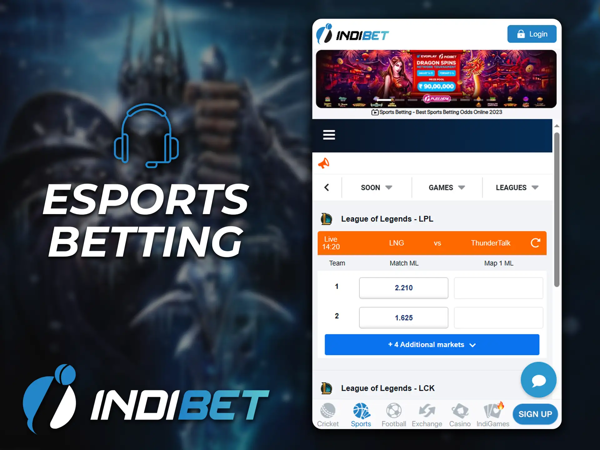 Bet on esports matches on the Indibet app.
