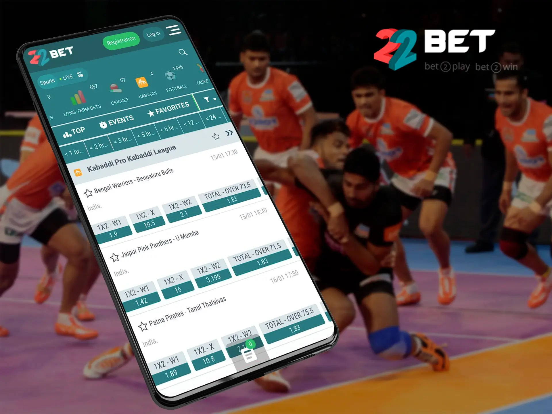 The great functionality of the 22Bet app allows punters to place a variety of bets on Kabaddi.