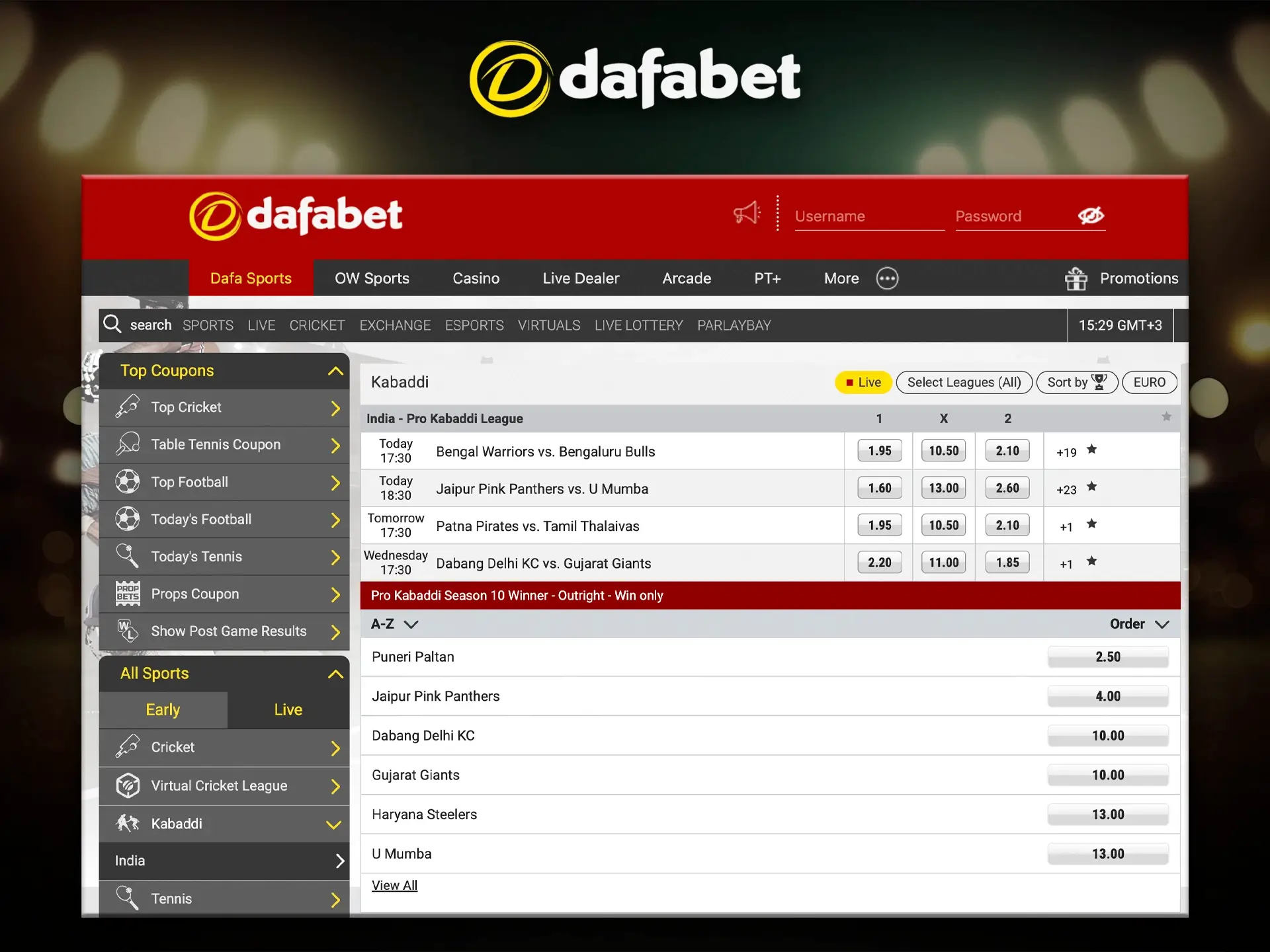 A great app from Dafabet allows punters to quickly find and bet on Kabaddi.