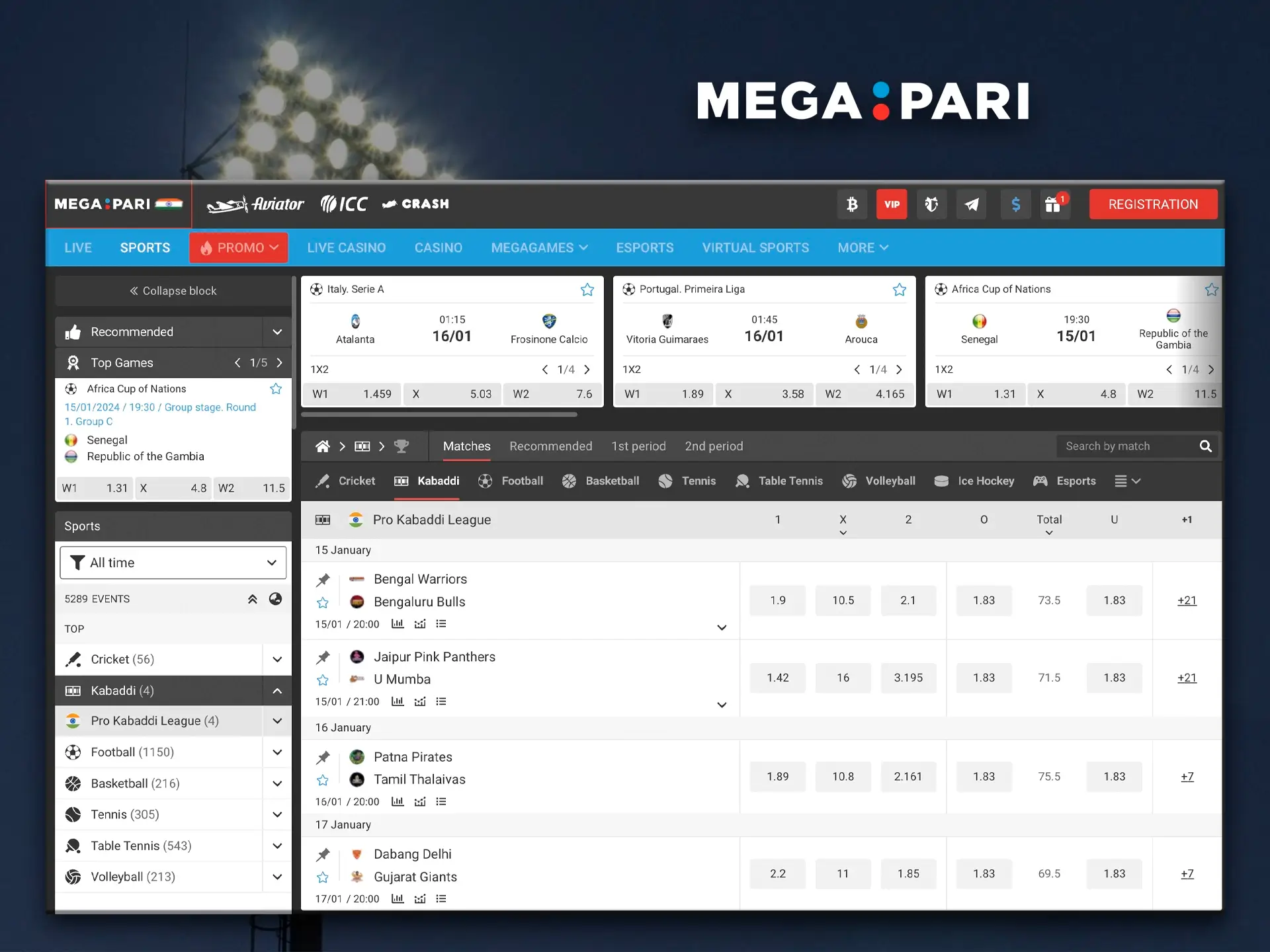 Megapari will give you lots of emotions and cash winnings when betting on Kabaddi.