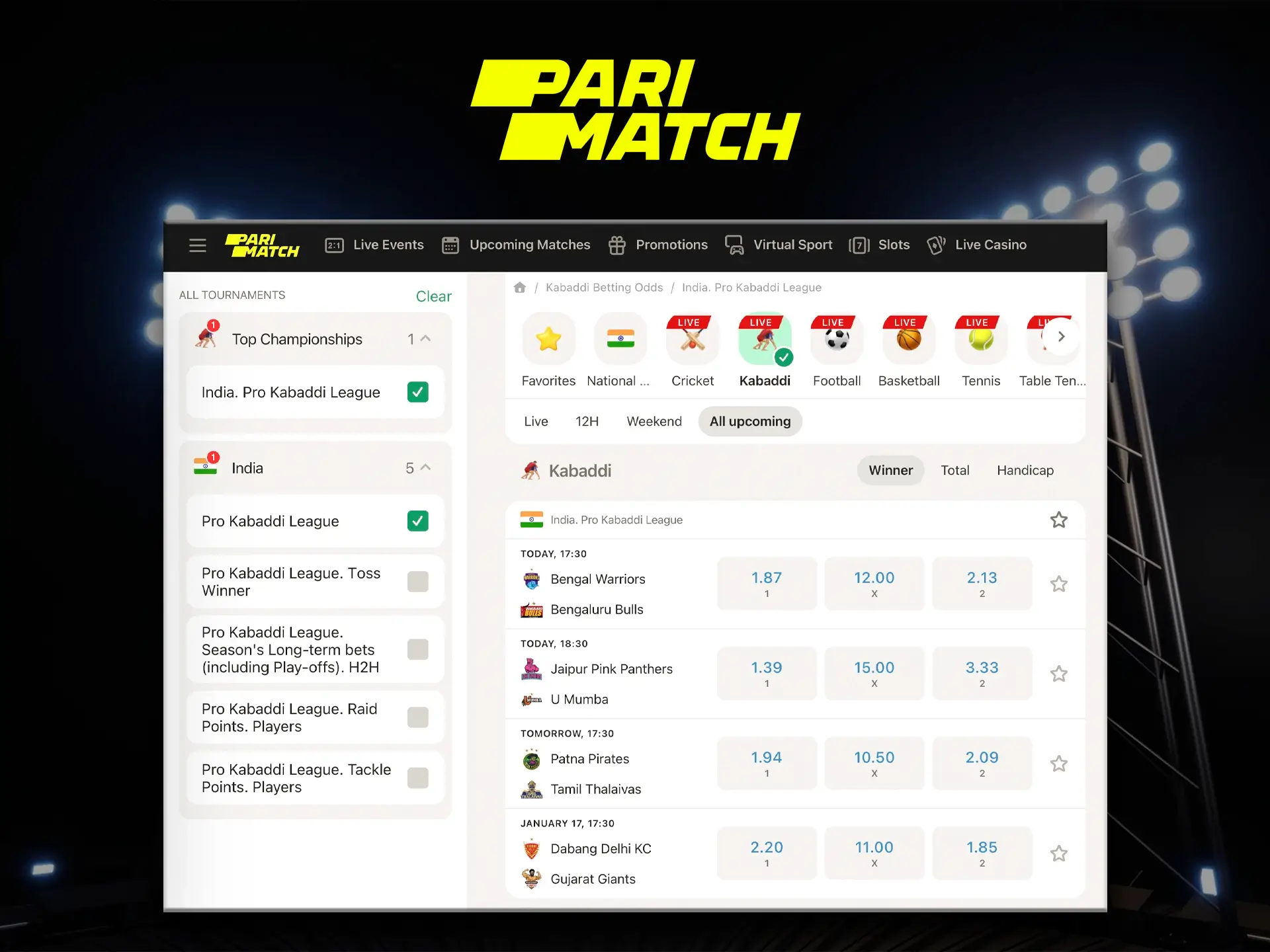 Parimatch is renowned for its variety of Kabaddi betting and fast payouts.
