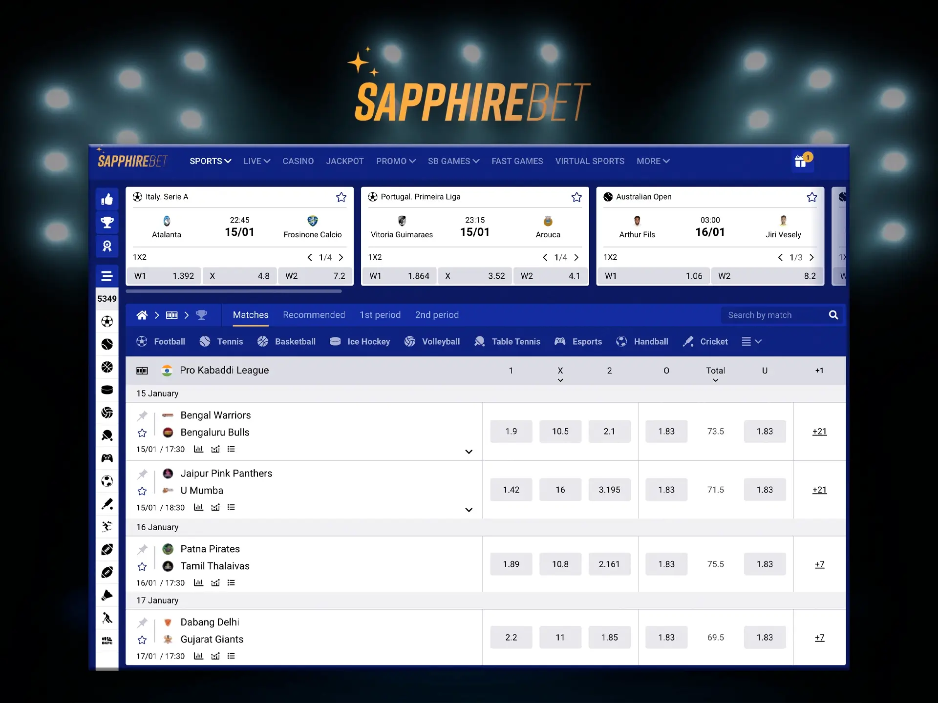 Sapphirebet is the top in its segment when betting on Kabaddi.