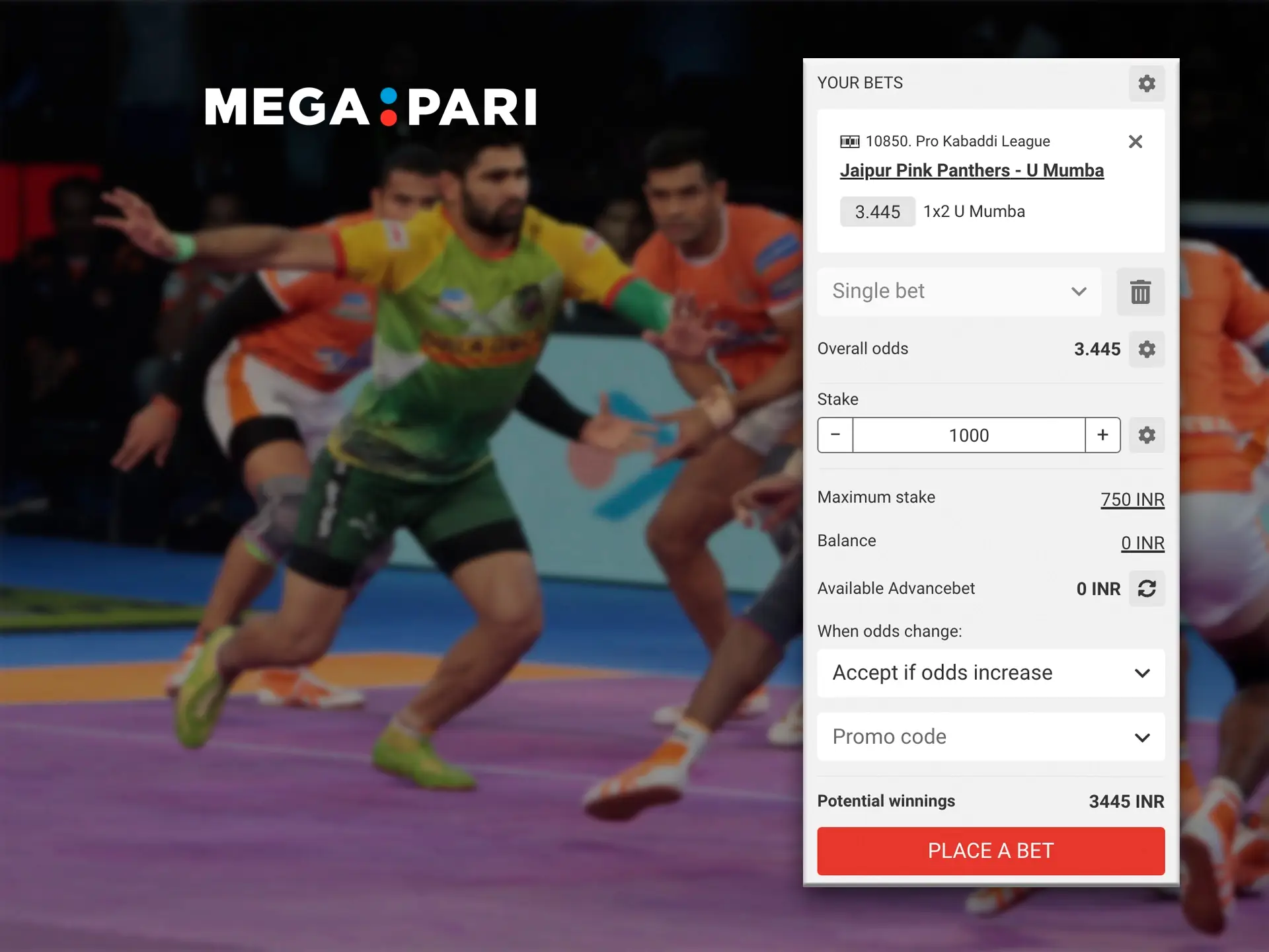 At Megapari, you will always come across high odds and variety of bets at Kabaddi.