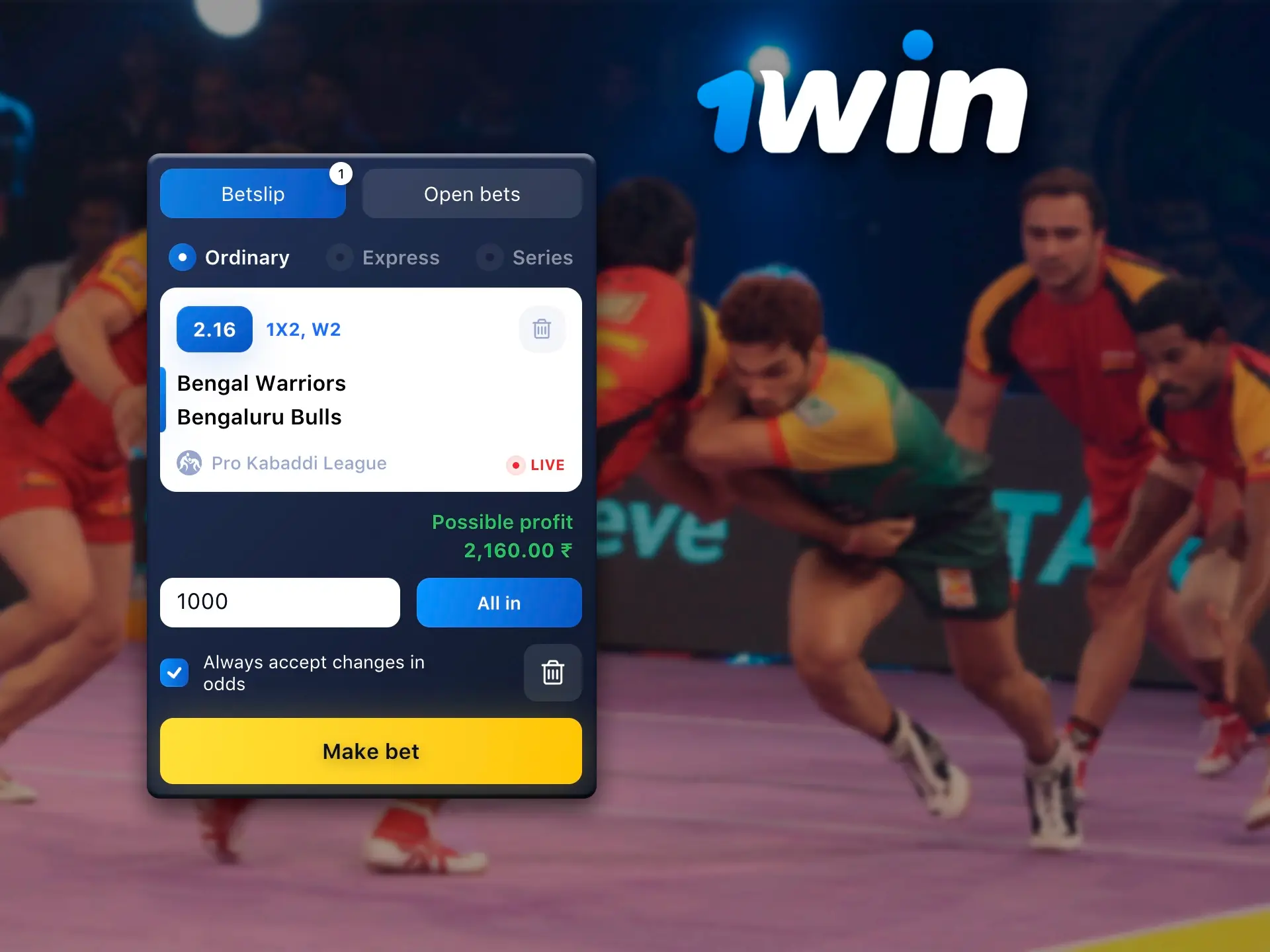 1Win is a quality service and of course high odds for its users to bet on Kabaddi.