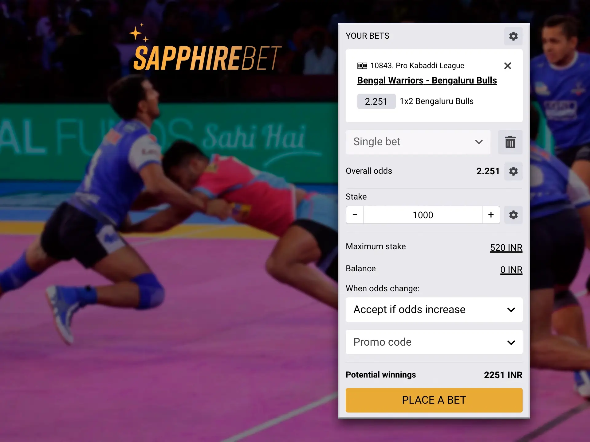 Sapphirebet always gives awesome odds and a minimum betting threshold.