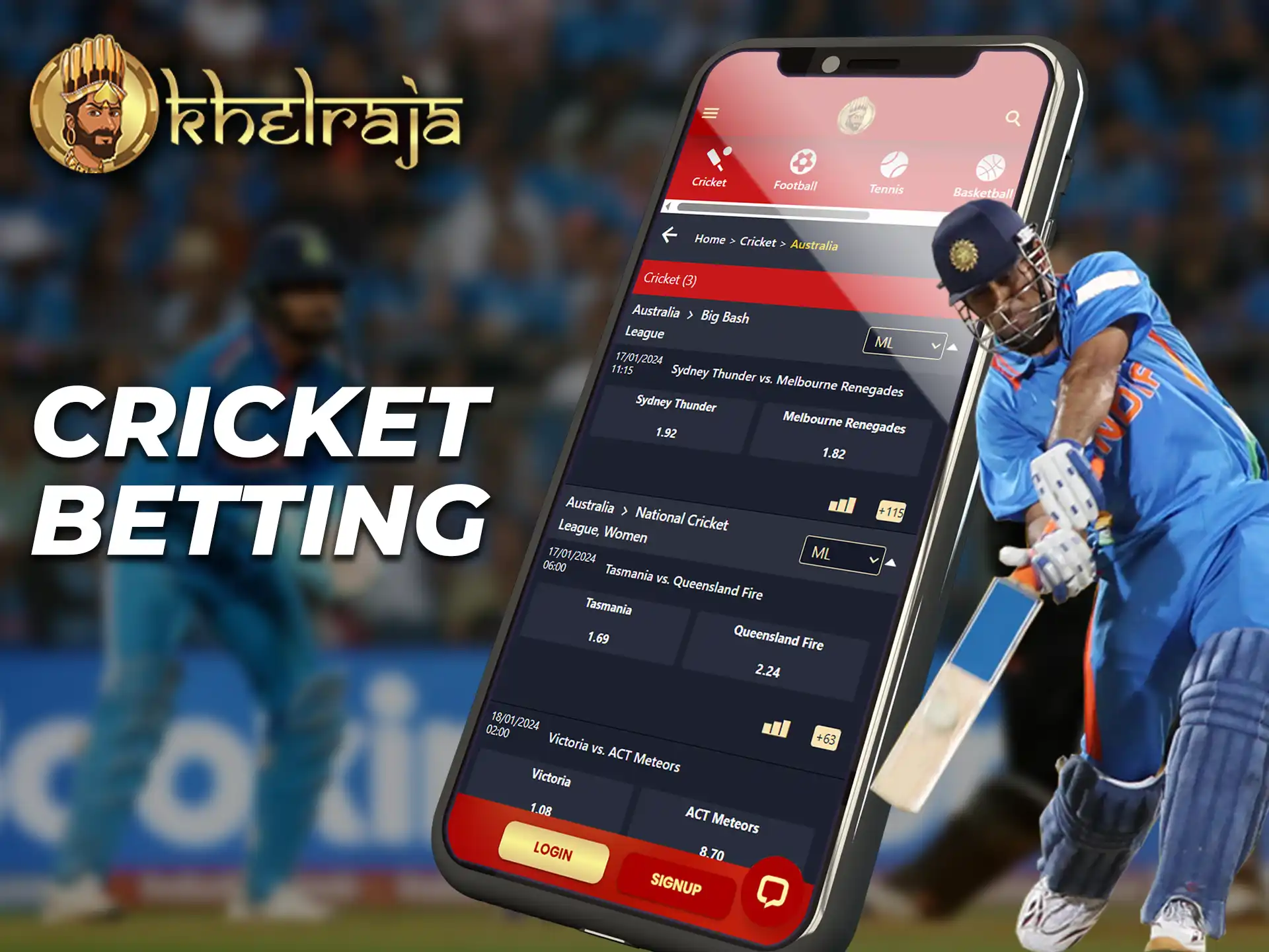 Place your bets on the Khelraja app on India's favorite sport Cricket.
