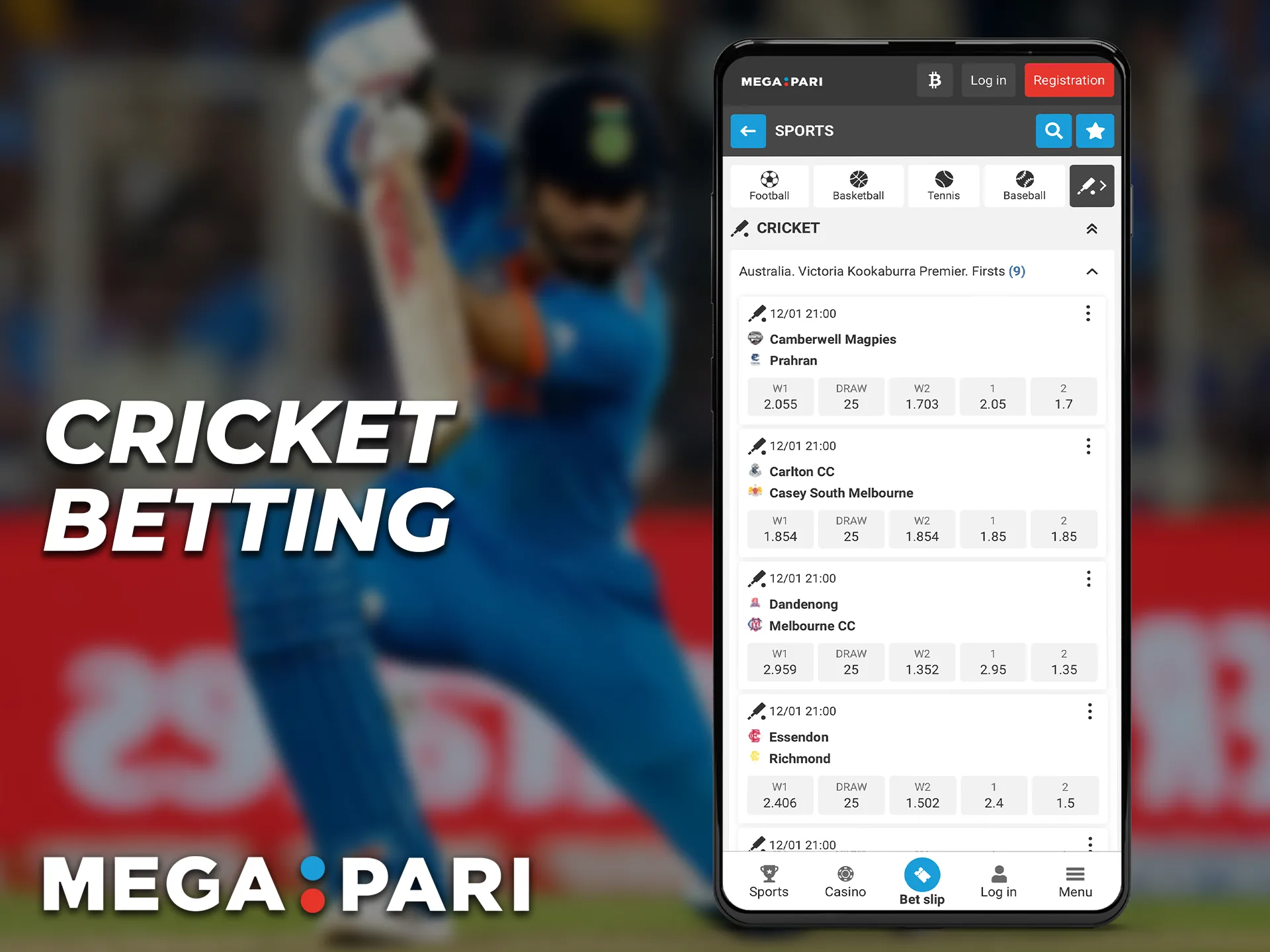 Place bets on the Megapari mobile app on India's most popular sport Cricket.