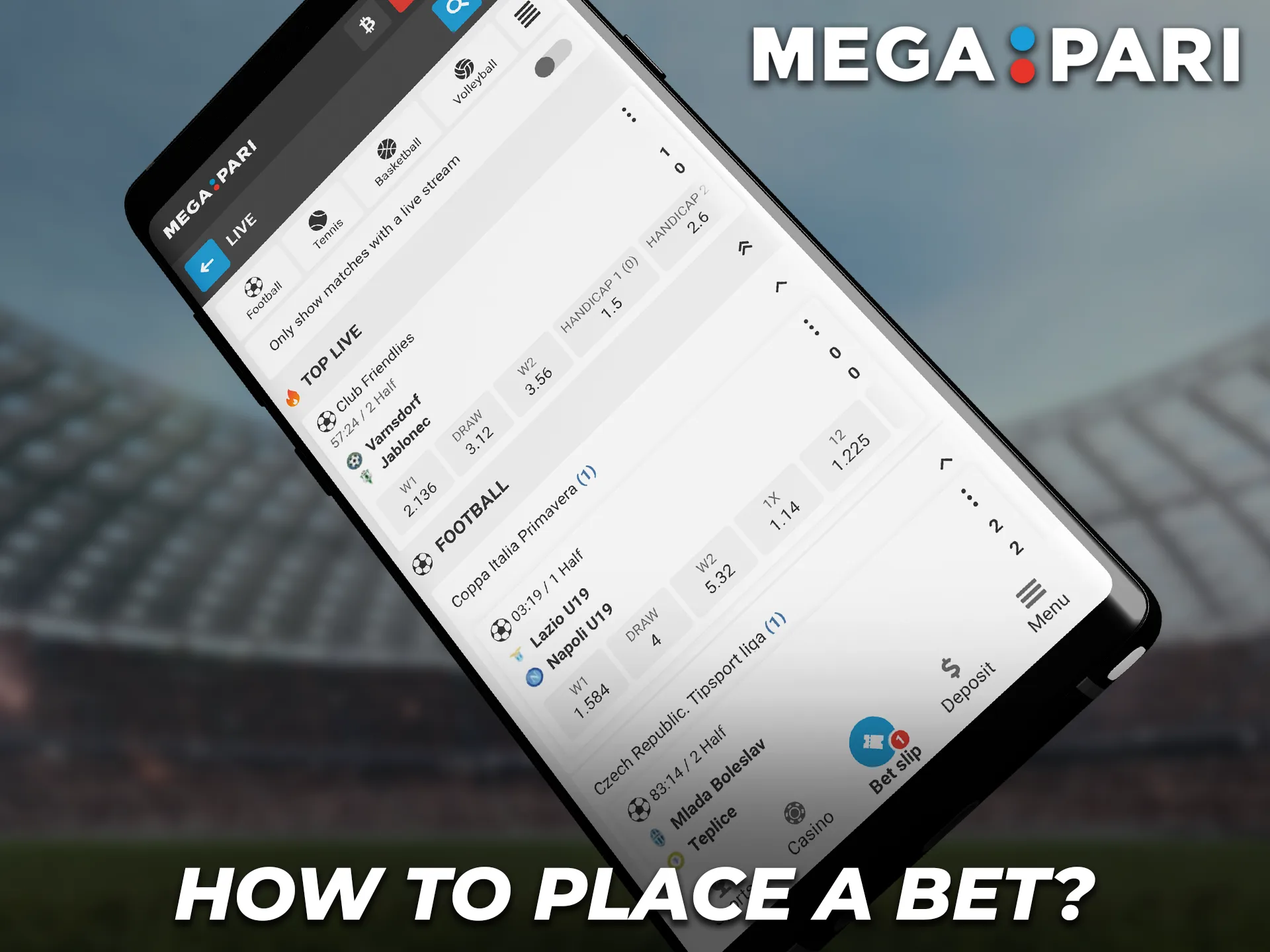 To place bets make a deposit, select a sports category and odds.