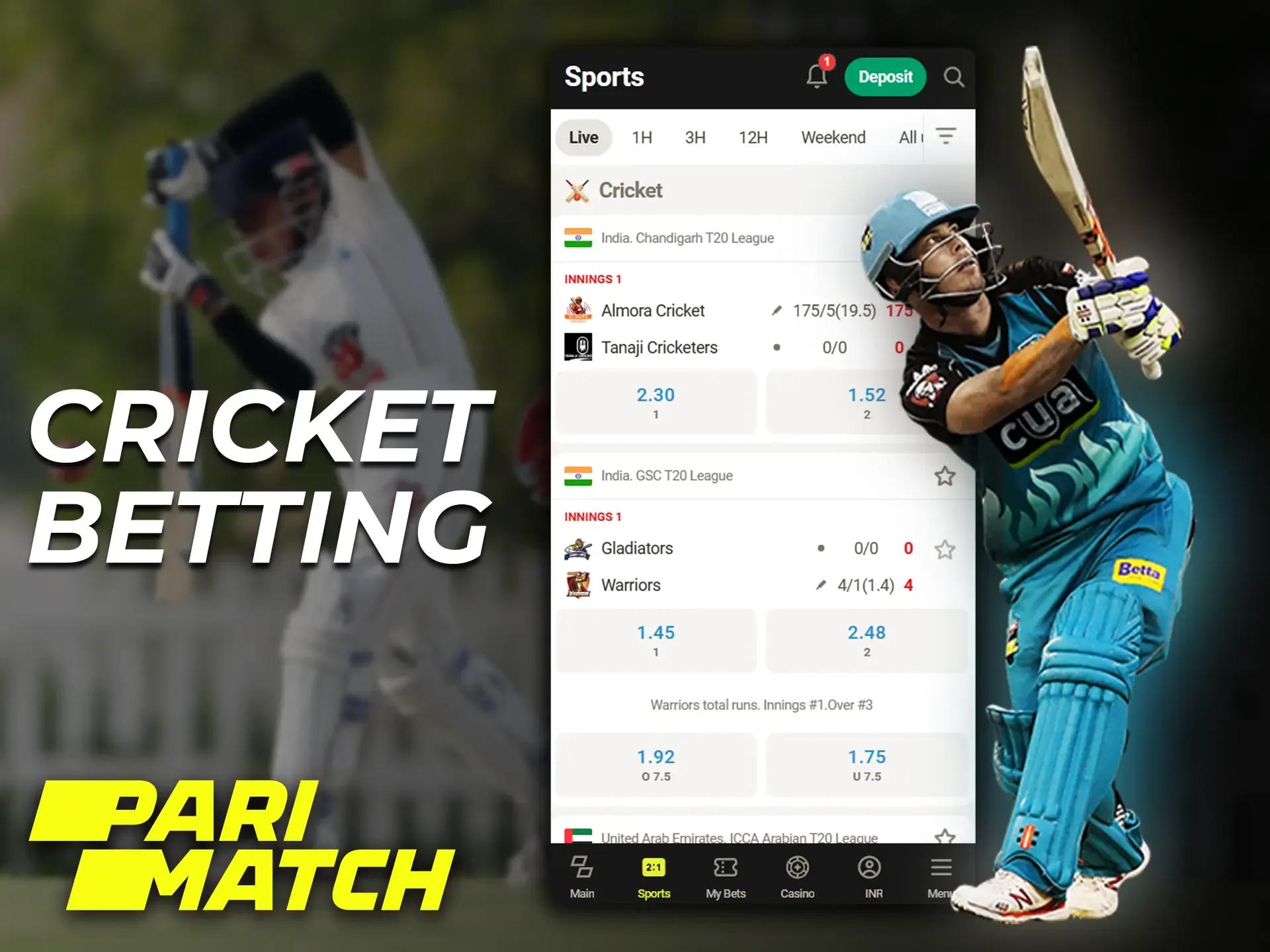 Place your bets in the Parimatch mobile app on cricket and a variety of tournaments.