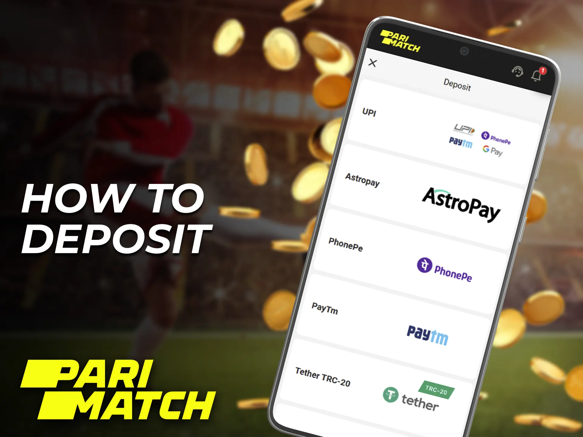 You can deposit to your account in the Parimatch app.